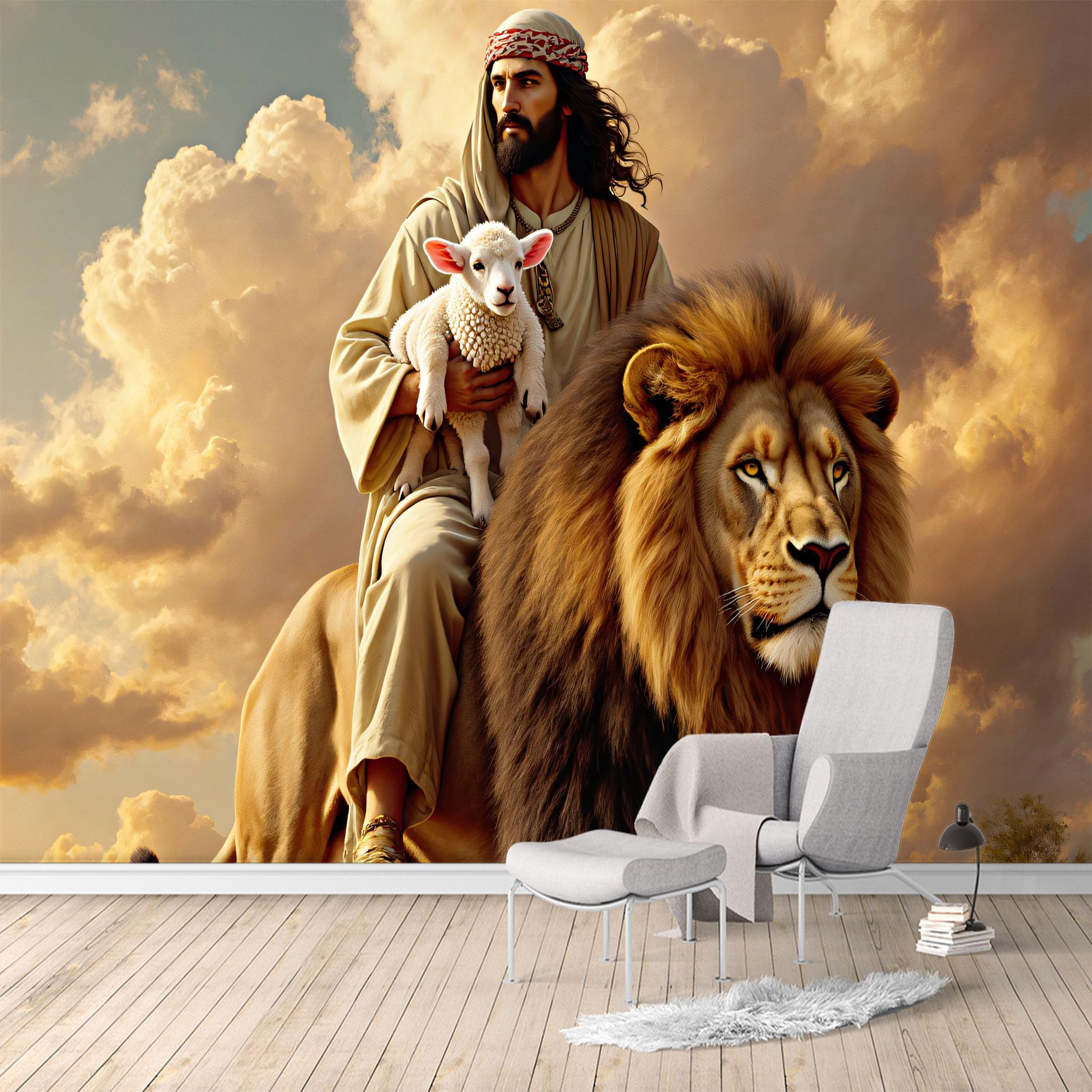 Custom Size Wall Murals,Majestic Lion and Gentle Lamb Fantasy Desert Sunset Scene,SelfAdhesive Water Activated Removable Wall Covering,Large Photo Wallpaper for Living Room Bedroom Office