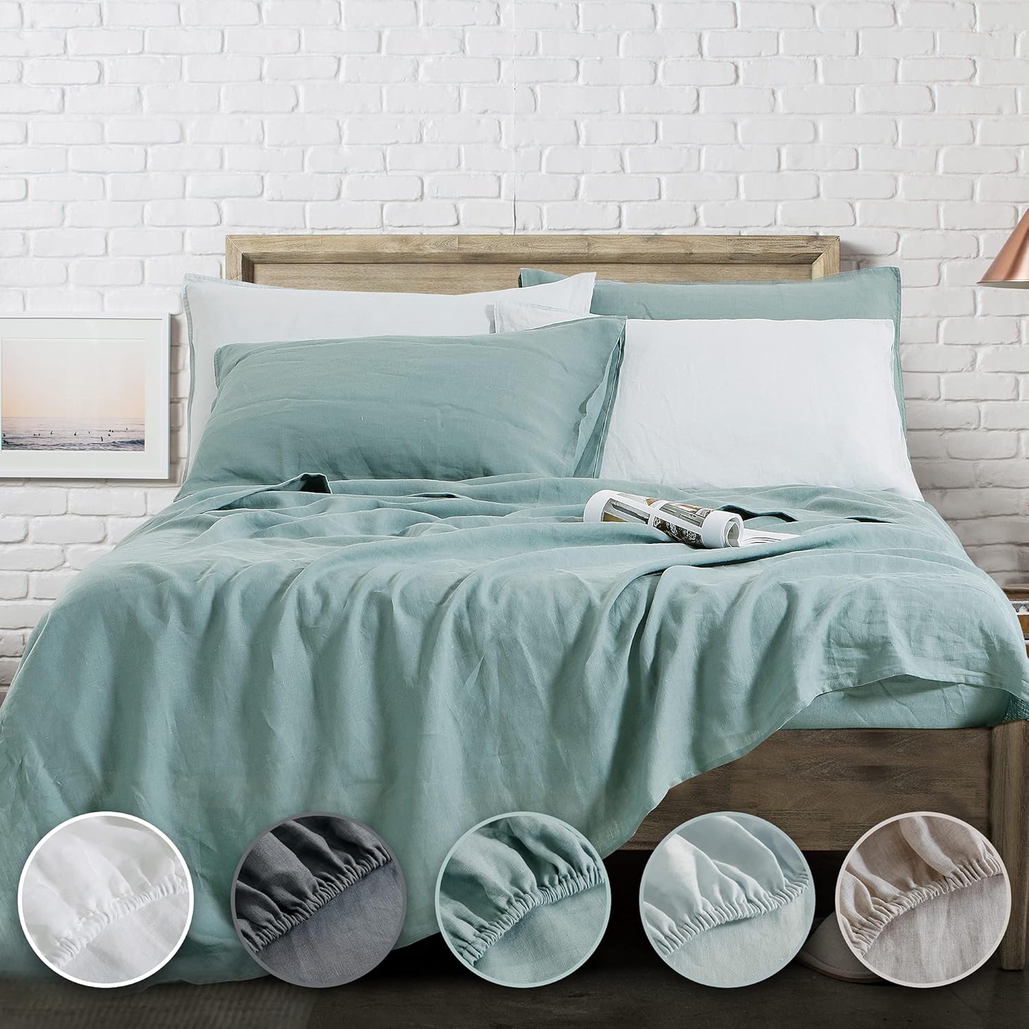 EVERLY Linen King Size Sheets Set, 100% Stonewashed French Linen Bed Sheets Deep Pocket Sheets, 4 Pieces (1 Flat Sheet, 1 Fitted Sheet, 2 Pillowcases) Natural Flax Bedding Set, White : Home & Kitchen