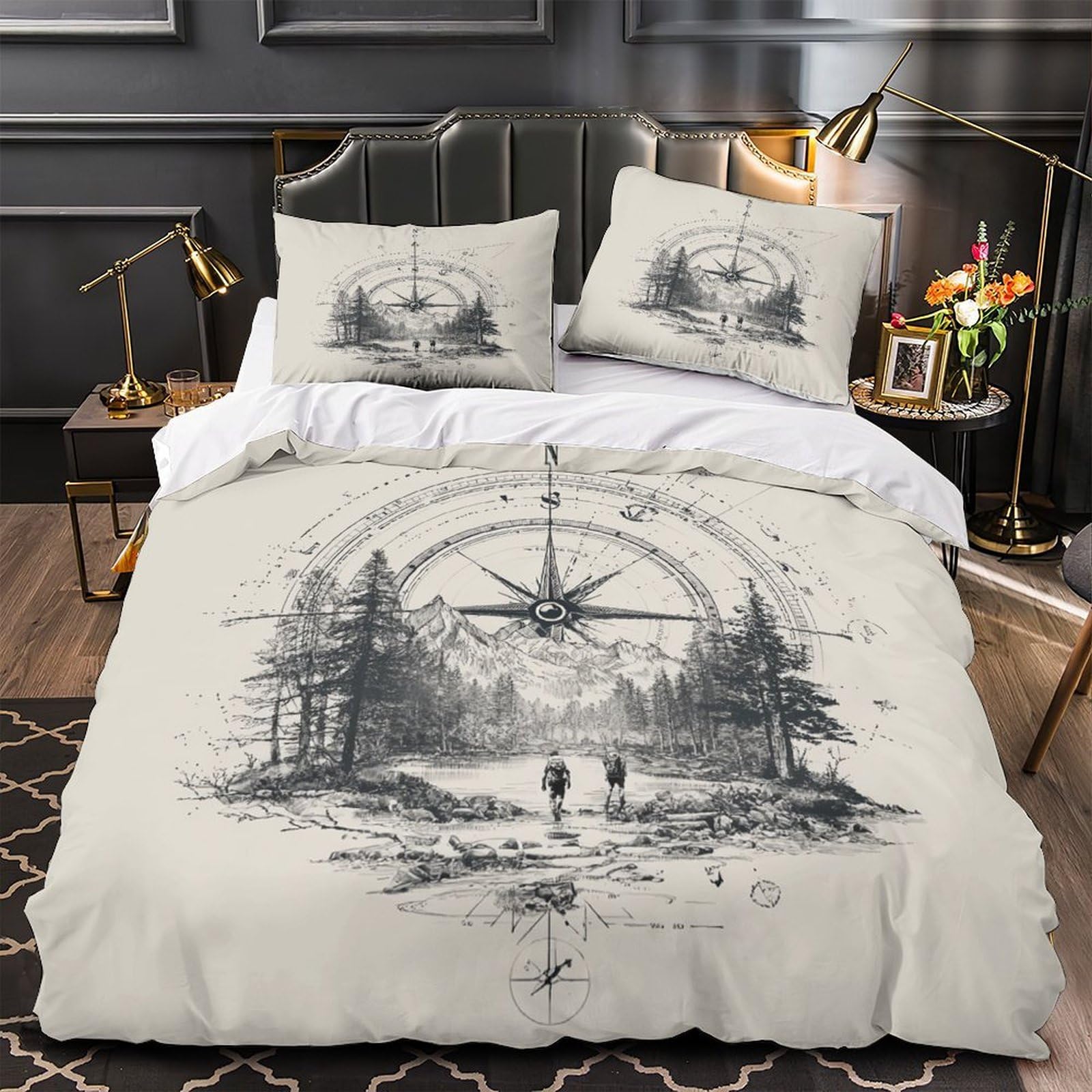 MMDASBVPE Hiking Compass Comforter Cover 3D Print Hypoallergenic 3PCs Bed Linen Hidden Zipper Duvet Cover Extra Soft Machine Washable for Teens Youth Adults Women Kids Boys Single（140x200cm）
