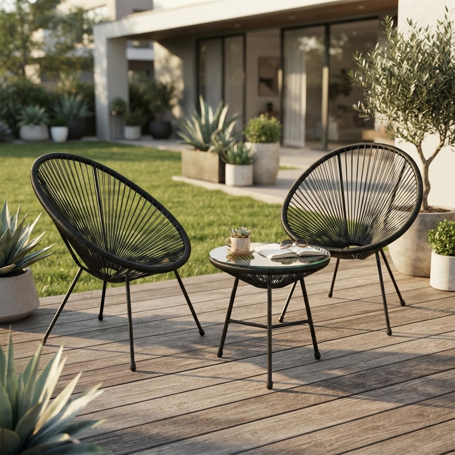 Alivio 2 Seater Acapulco Style Chair Bistro Set with Glass Top Table, Outdoor Garden Rattan Furniture Set for Patio, Balcony, Conservatory & Backyard, Black