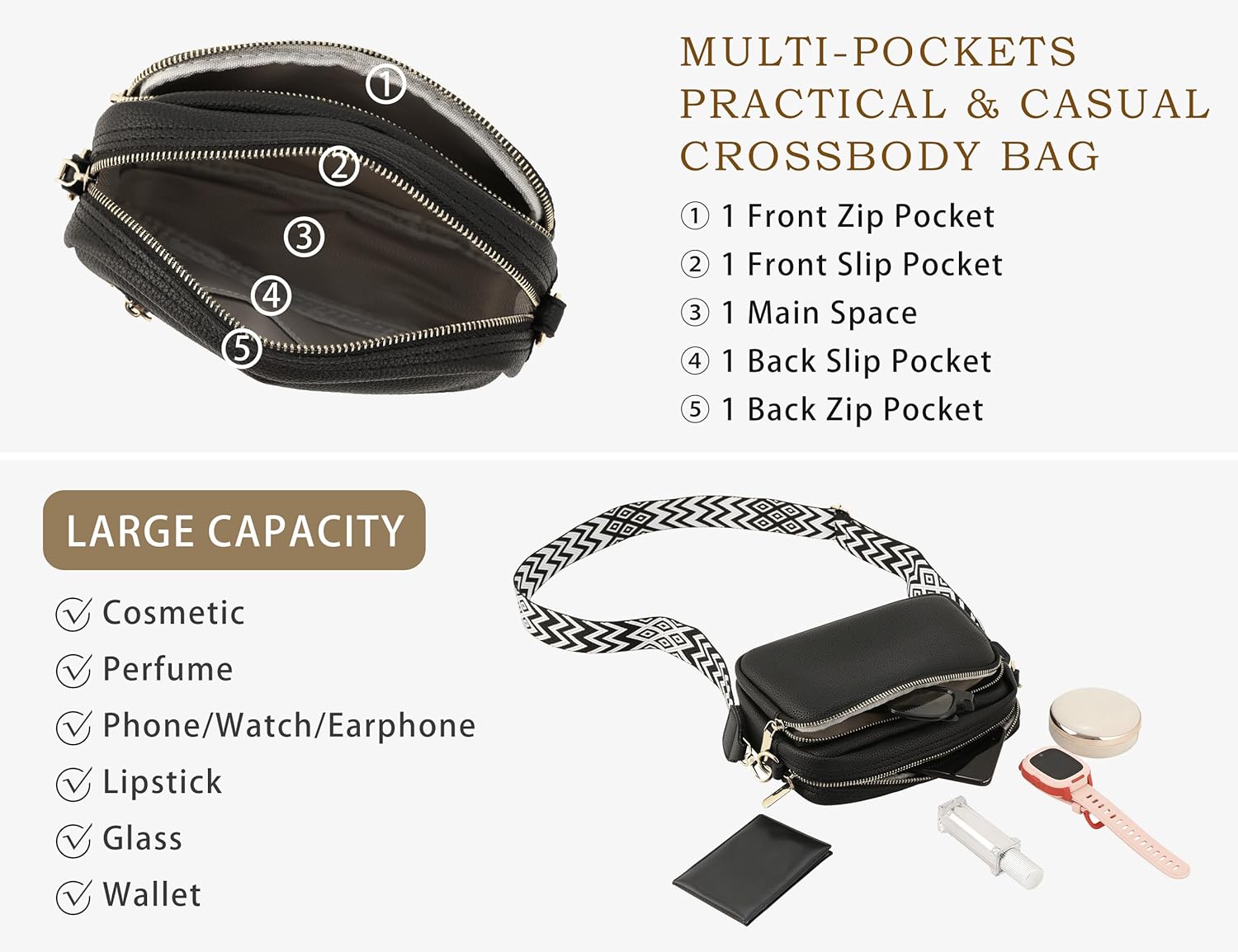 Crossbody Purse for Women with Adjustable Wide Guitar Strap, Small Vegan Leather Cross Body Camera Shoulder Bags - Image 4