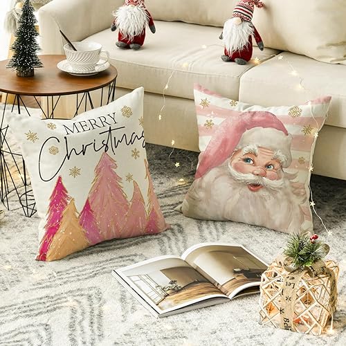 Miniatura 4 de AVOIN colorlife Juego de 4 fundas de almohada de regalo con diseño de árbol de Navidad de Papá Noel, diseño de rayas rosadas, 20 x 20 pulgadas,