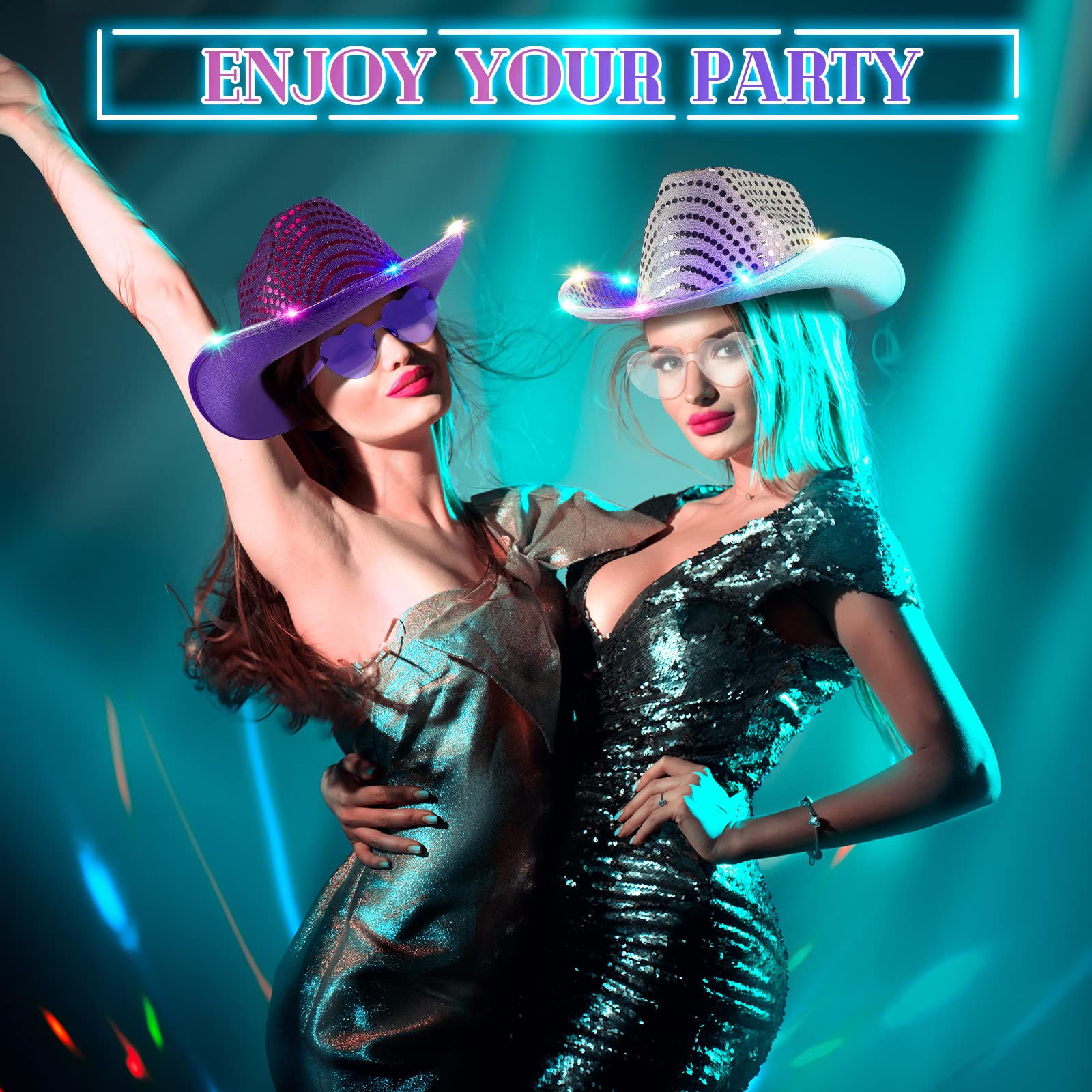 6 Stück LED Cowgirl Kostüm Zubehör Halloween Party Kostüm Rosa Cowboy Hut Weltraum Cowgirl Hut mit Herz Brille Bulk Cowboy Hüte Weiß Cowboy Hüte für Mädchen Frauen Geburtstag Halloween Leuchtparty,