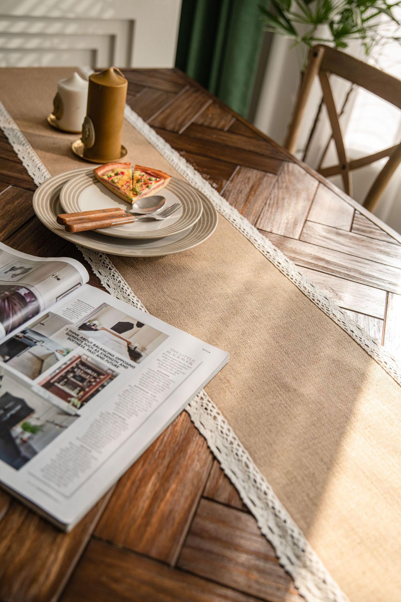 Runner da tavola in iuta con orlo in pizzo, lavabile, decorazione per matrimoni e casa, inaugurazione della casa e vacanze