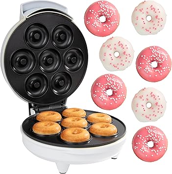 Mini Donut Maker- Electric NonStick Surface Makes 7 Small Doughnuts- Decorate Frost Ice Your Own for Kid Friendly Holiday Baked Dessert Treat- Cooking Activity for Adults, Easy Bake Xmas Gift for Her