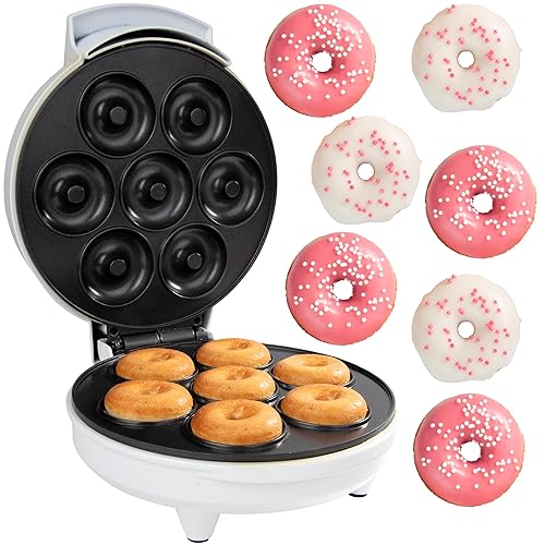 Mini máquina para hacer rosquillas CucinaPro, con superficie antiadherente eléctrica, hace 7 rosquillas pequeñas, decora o pone hielo las tuyas para que los niños puedan tomar postres o aperitivos, la actividad única de regalo o repostería para niños y adultos