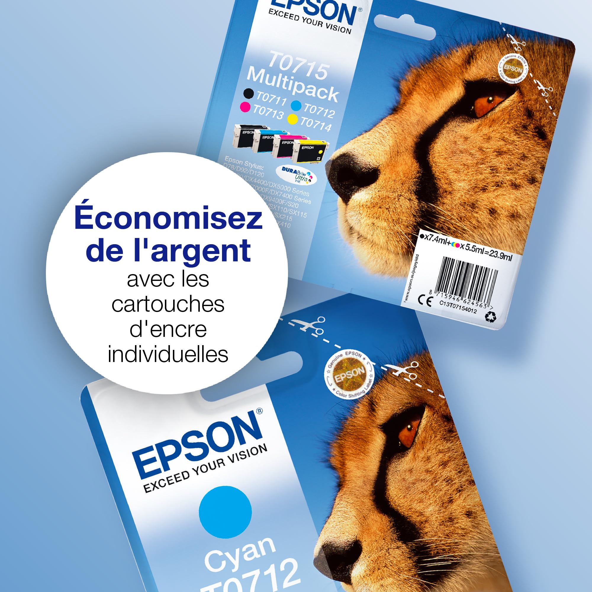 Epson T0715 Cheetah Genuine Multipack, 4-colours Ink Cartridges, DURABrite Ultra Ink,Black/Cyan/Magenta/Yellow