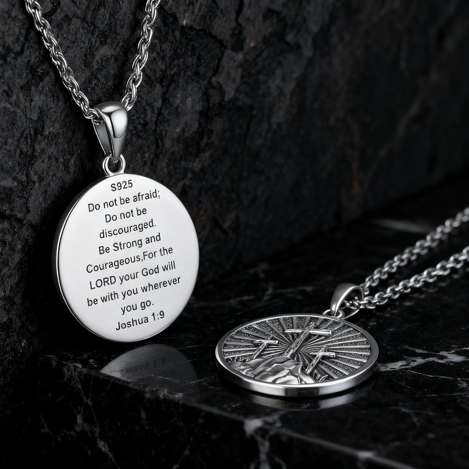 Cross Necklace with Joshua 1:9 925 Sterling Silver Three Cross Medal Pendant Necklaces Christian Jewelry for Men, w/Stainless Steel Chain 22'' +2''