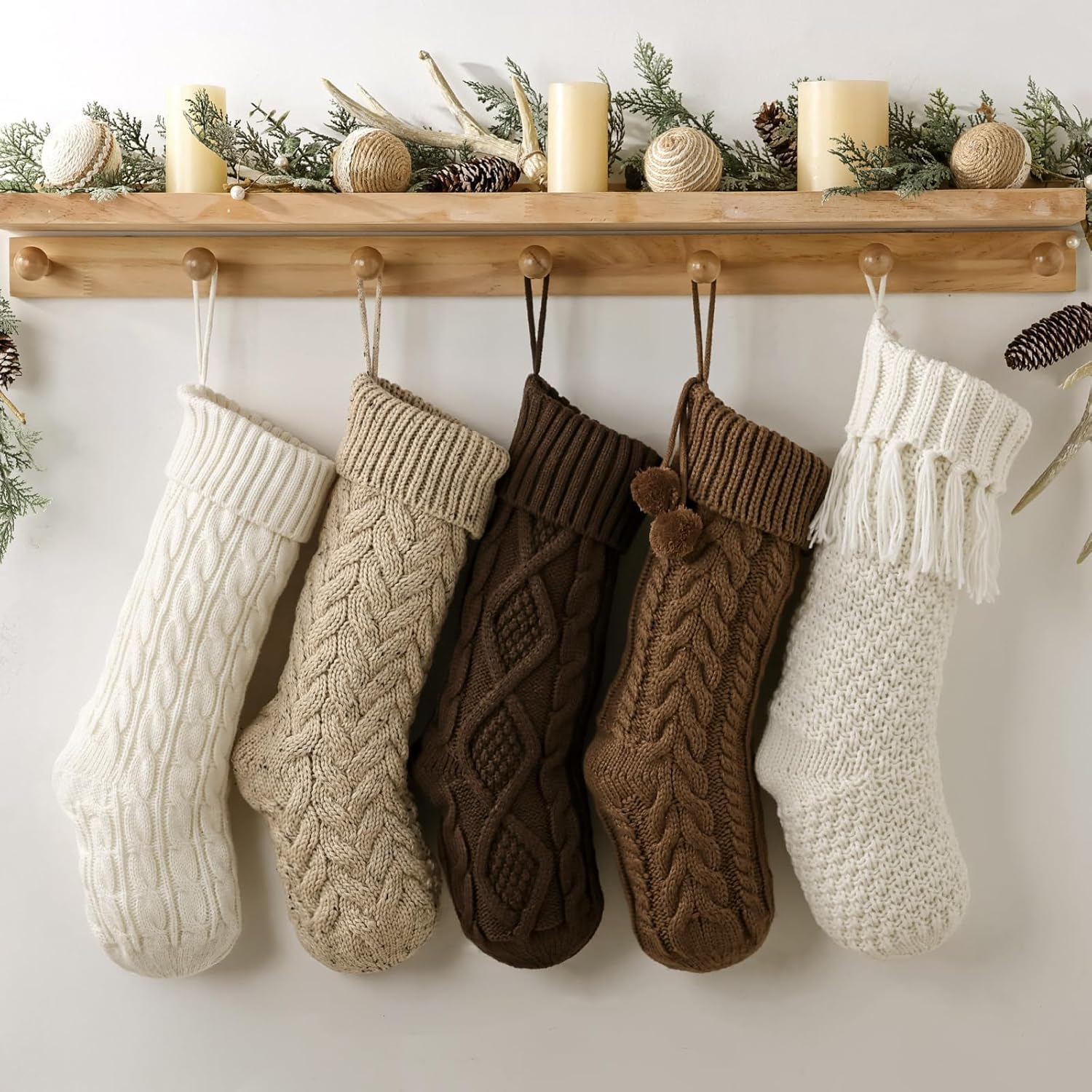 Rustic Knitted Personalized Christmas Stockings: 5 Pack 18 Inch Earth Tones Cable Knit Fireplace Stockings, Neutral Cozy Hanging Xmas Stockings Decorations for Family Holiday Decor, White Beige Brown