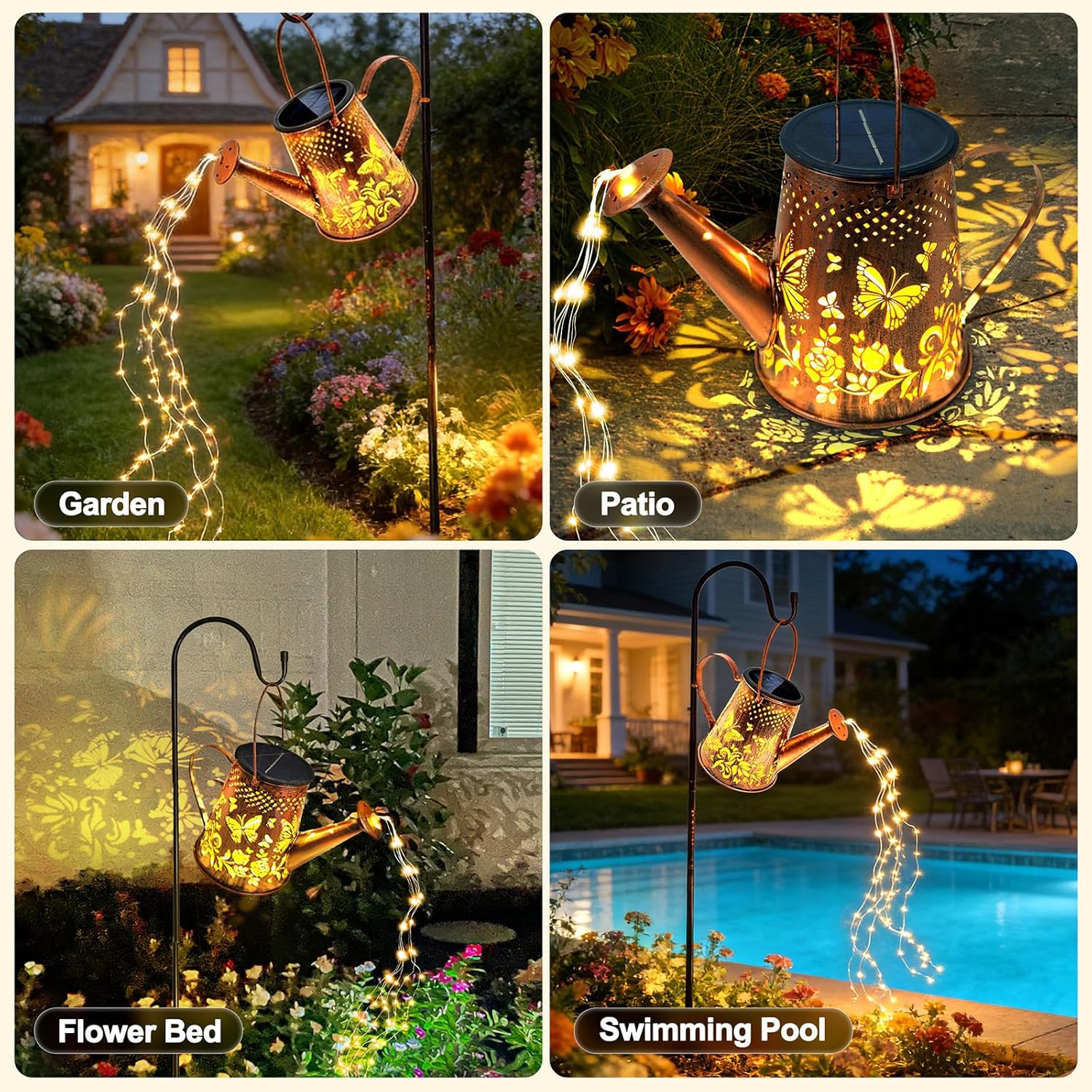 Solar Lanterns Outdoor Decorative: Metal Butterfly Watering Can with Cascading LED Lights and Hook - Waterproof Hanging Garden for Yard Patio Decor - Birthday Gardening Gifts for Women