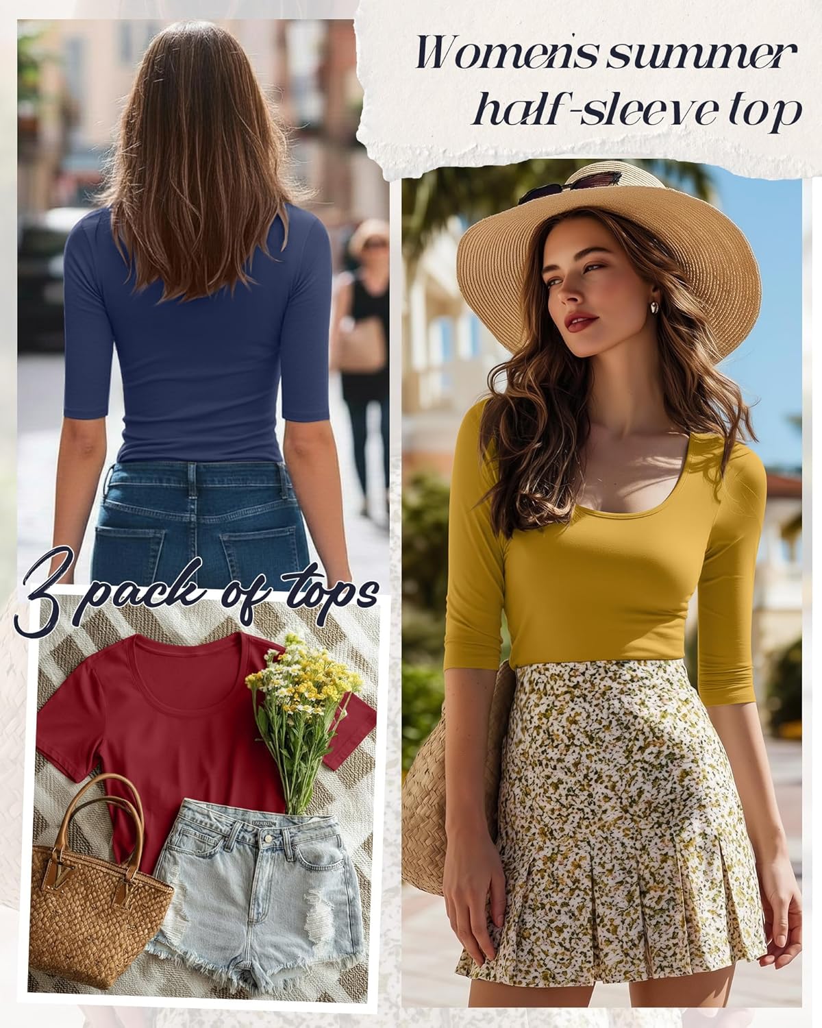 Neer 3 Pack Women's Scoop Neck Tops Half Sleeve Slim Fitted Cotton Blend Stretchy T-Shirts Tight Casual Basic Tees - Image 5