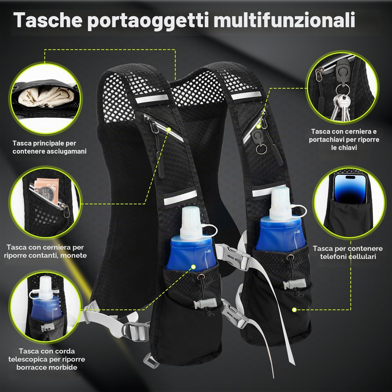 Gilet Running, Zaino da Corsa con 7 Tasche, Riflettente, Traspirante, Unisex, Per Maratona, Ciclismo, Corsa, Arrampicata, + 2 Borraccia Morbida 500ml