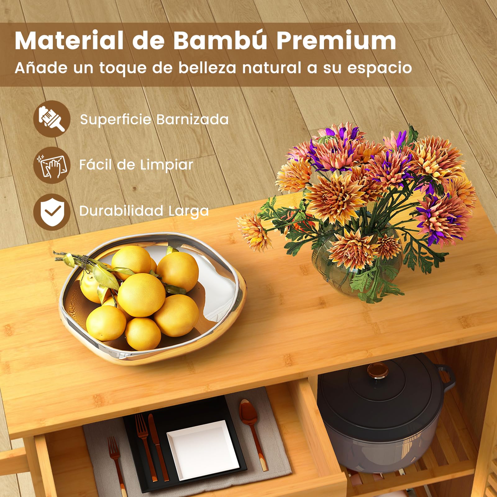 COSTWAY Carro de Cocina de Bambú, Carro de Servicio con Cajón y Puerta, Carro Rodante con 3 Estantes Abiertos y 4 Ruedas Universales, Mesa Móvil para Cocina y Comedor, 91 x 44 x 89 cm