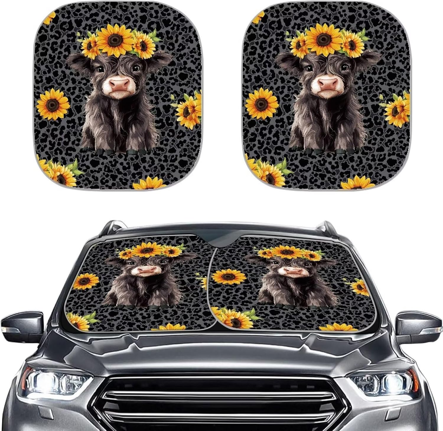 Cute Highland Cow Windshield Sun Shade Foldable 2-Piece Car Sunshades Car Interior Accessories Sun Protection for SUV Truck Van Sedans Auto Interior Protector 28.5 x 25.5 inches