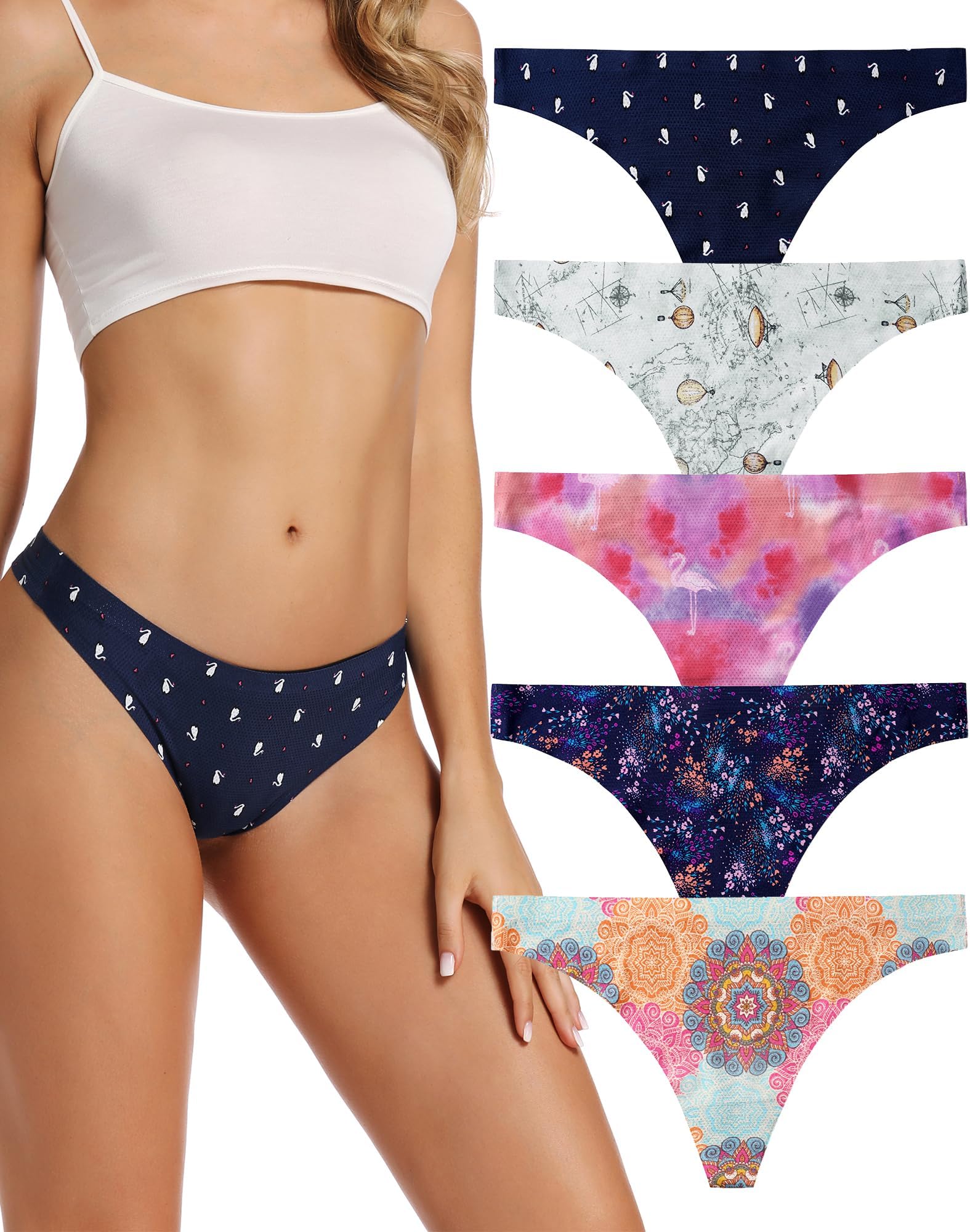 voenxe Seamless Women Underwear Thongs,No Show Ladies Thong,No Line Workout Breathable Comfortable Panties,Soft Undies,5-Pack