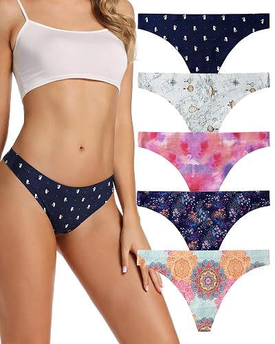 voenxe Seamless Women Underwear Thongs,No Show Ladies Thong,No Line Workout Breathable Comfortable Panties,Soft Undies,5-Pack - Medium - B-5 Pack Pattern Design