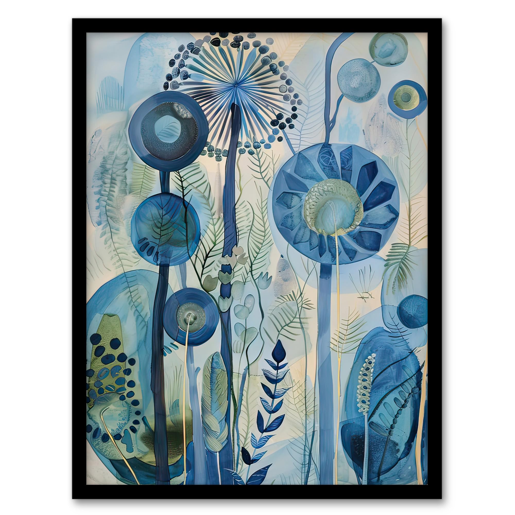 Artery8 Abstract Blue Wildflowers Watercolour Floral Living Room Artwork Framed Wall Art Print A4