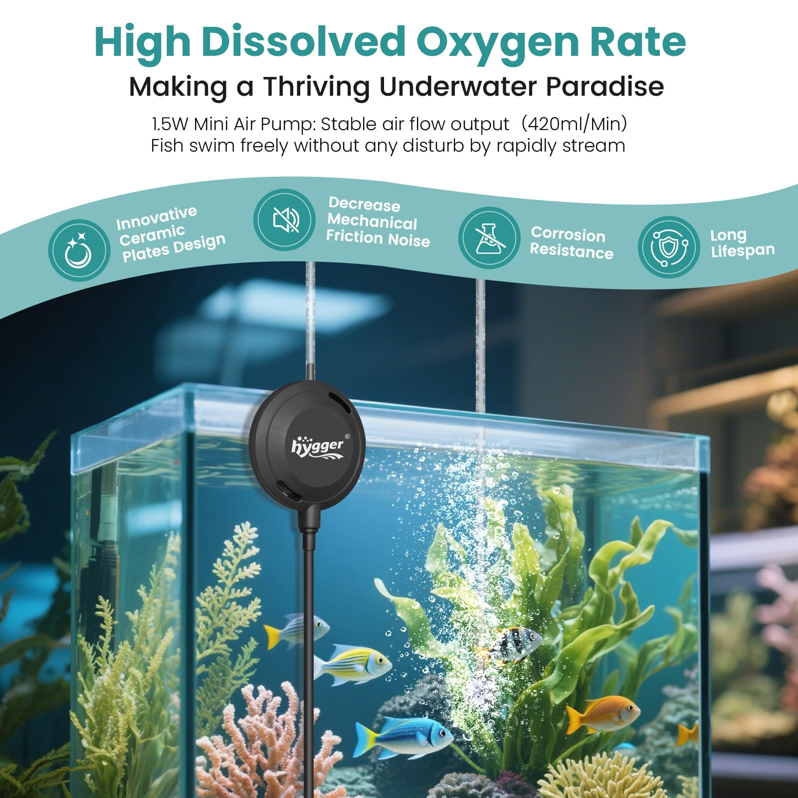 hygger Air Pump Aquarium Silent, Fish Tank Air Pump 1.5W, ≤33 dB, Powerful Single Outlet Aquarium Aerator, 420ml/Min - Image 3