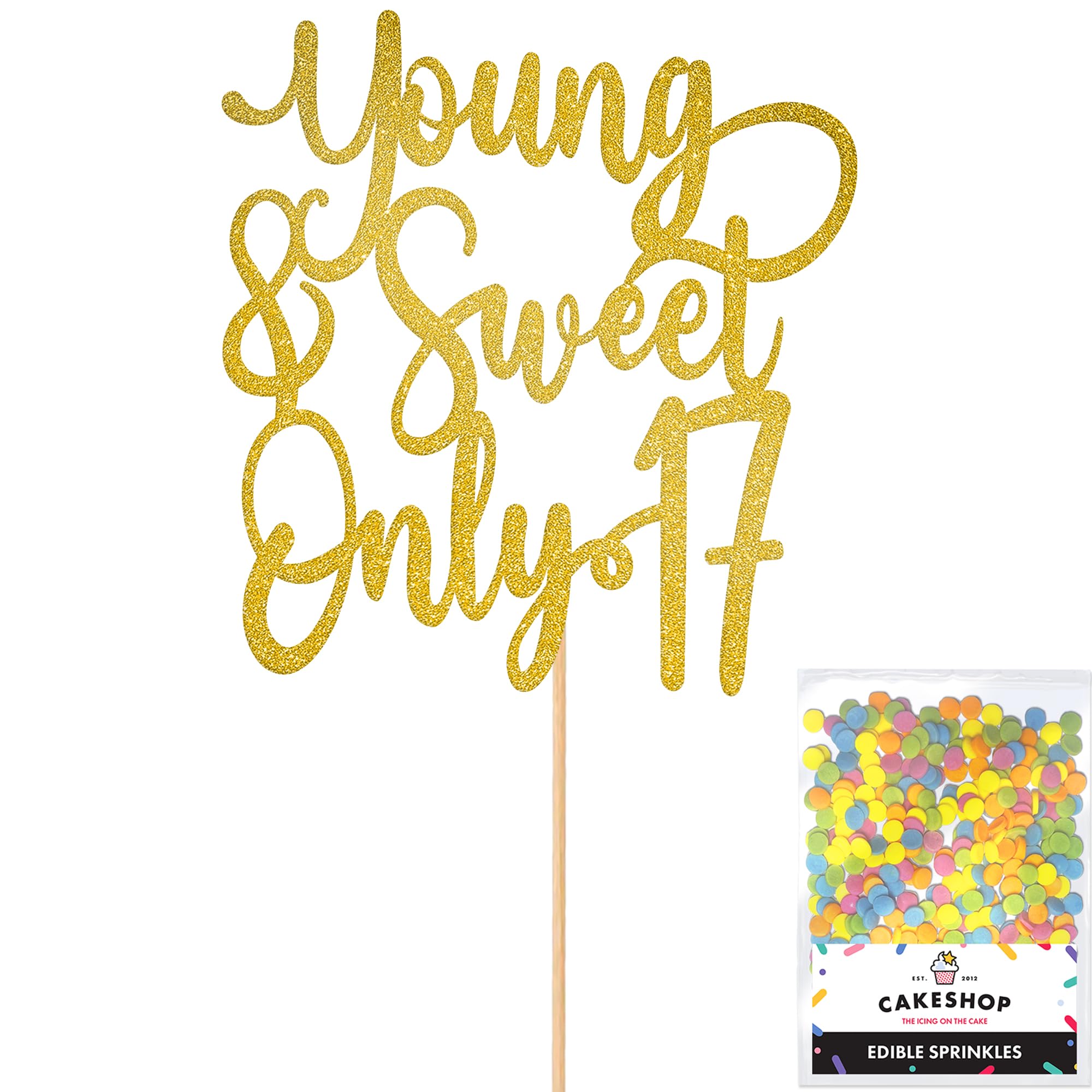 Cakeshop Personalised ABBA Themed Glitter Cake Topper With Sprinkles - Gold Custom Colour - Any Age - Double-Sided Glitter Card Cake Decoration - Custom Toppers for Cakes — image 1
