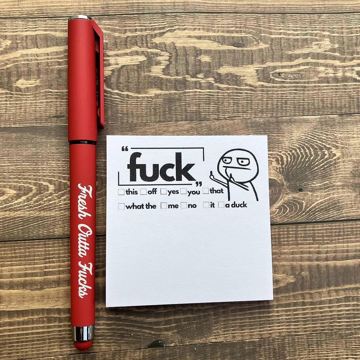 Fresh Outta Fucks Pad and Pen,Funny Sticky Notes and Pen,Snarky Novelty Fresh Outta Fucks Pen Set,Sassy Funny Desk Accessory Gifts for Friends, Co-Workers (Black+Red 2pcs) image 2