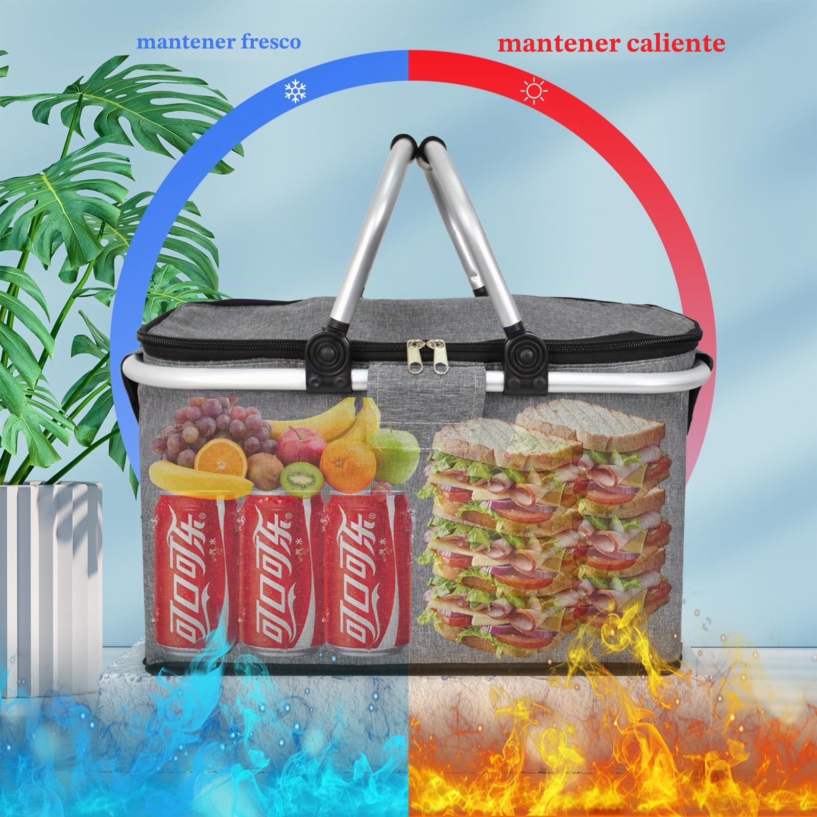 Cesta de picnic plegable, bolsa isotérmica de 30 L, cesta térmica con asa, cesta de compras, gran capacidad, para camping, viajes, compras, actividades al aire libre (gris)
