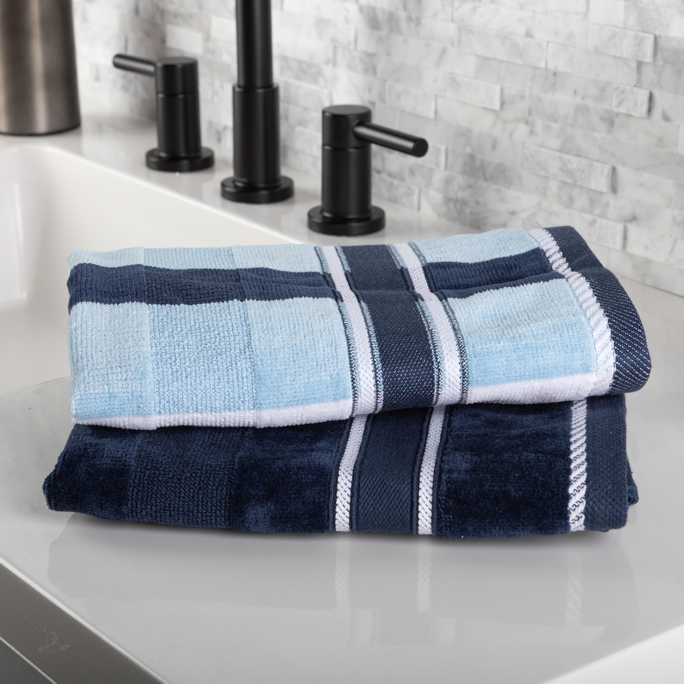 Lavish Home Handtuch-Set, saugfähige Baumwolle, Badzubehör mit Badetüchern, Handtüchern und Waschlappen, solide und gestreifte Handtücher (Marineblau), 6-teilig