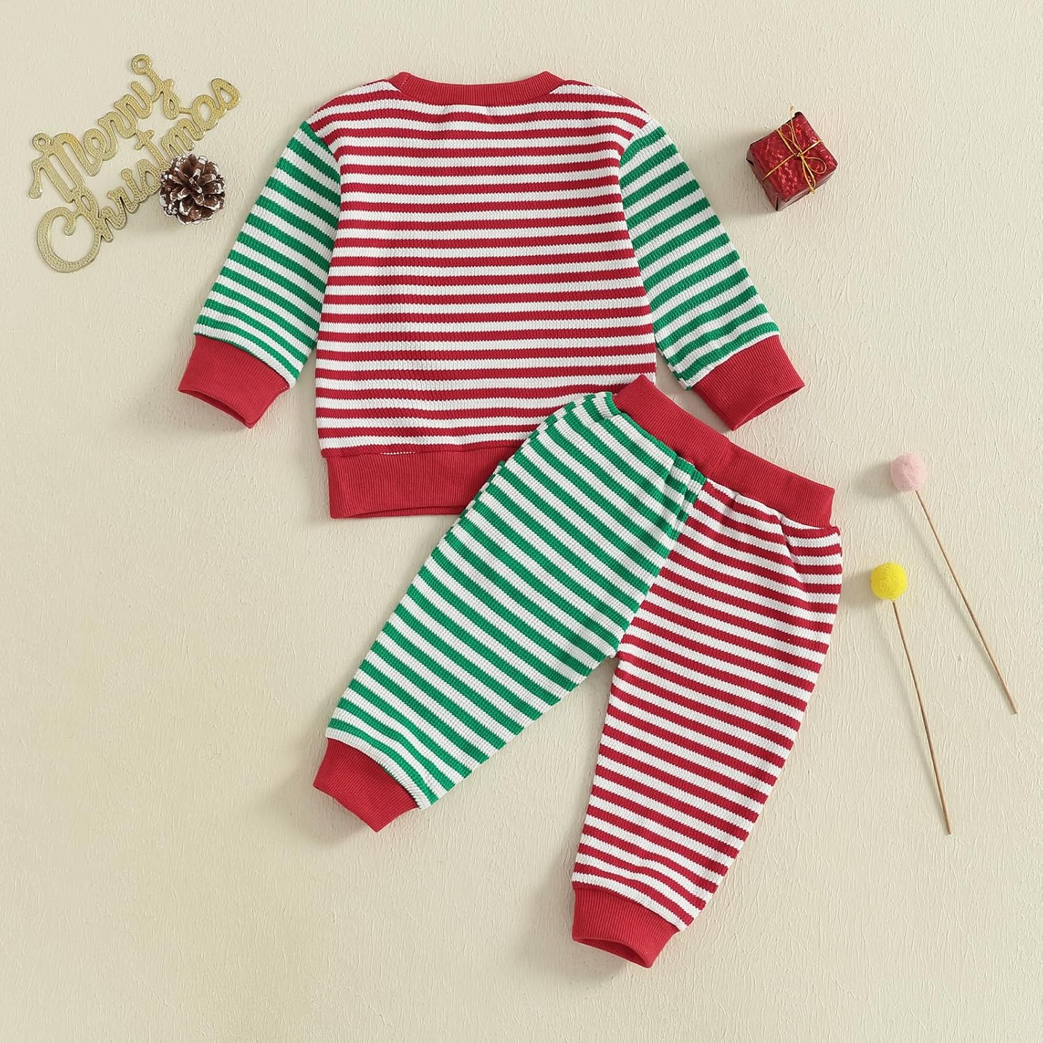 Toddler Baby Boy Girl Christmas Outfit Santa/Tree Embroidery Stripe Waffle Knit Sweatshirt Pants Set 2 Piece Clothes - Image 6