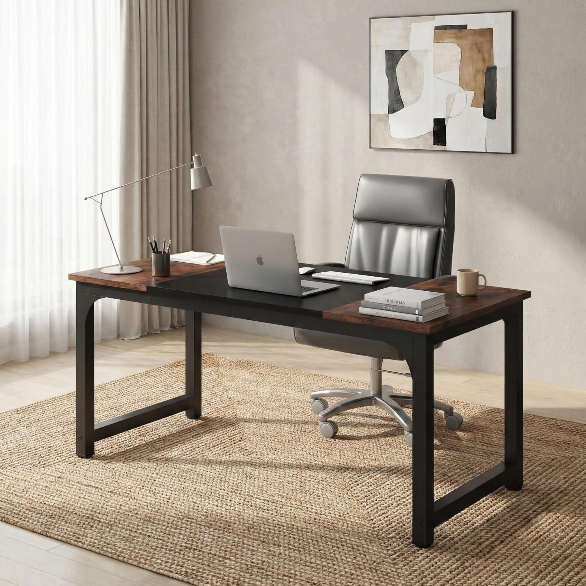 Lailang 160cm Escritorio de Oficina, Mesa portátil Ordenador, Mesa de Trabajo, Escritorio de Madera, Home Office, 160 x 80 x 75 cm, Marrón rústico y Negro