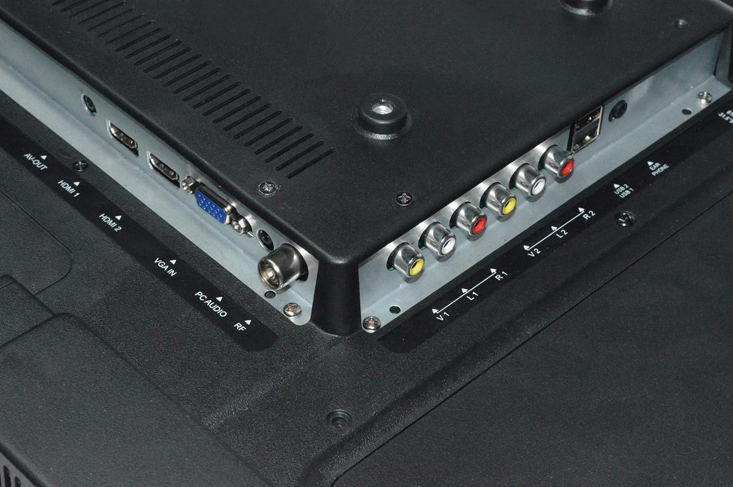 Close-up of Shinco SO3A TV rear ports including HDMI, USB, VGA, and AV