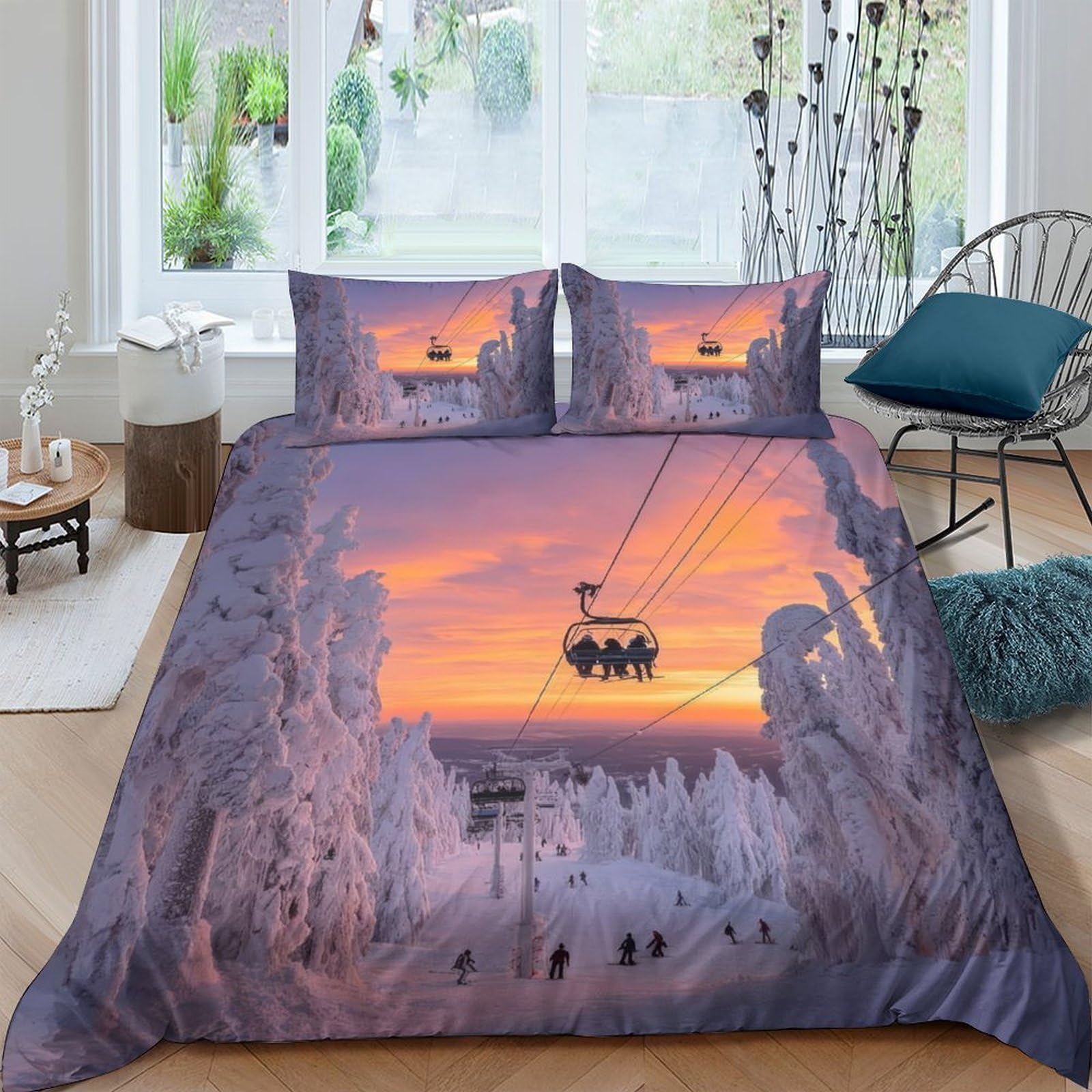 Ctjqhvkz Style-5 3D Printed Winter Sunset Fitted Sheet Microfiber Soft Ski Lift Mattress Cover For Bedroom Dorm Decor Protection Single（135X200cm）