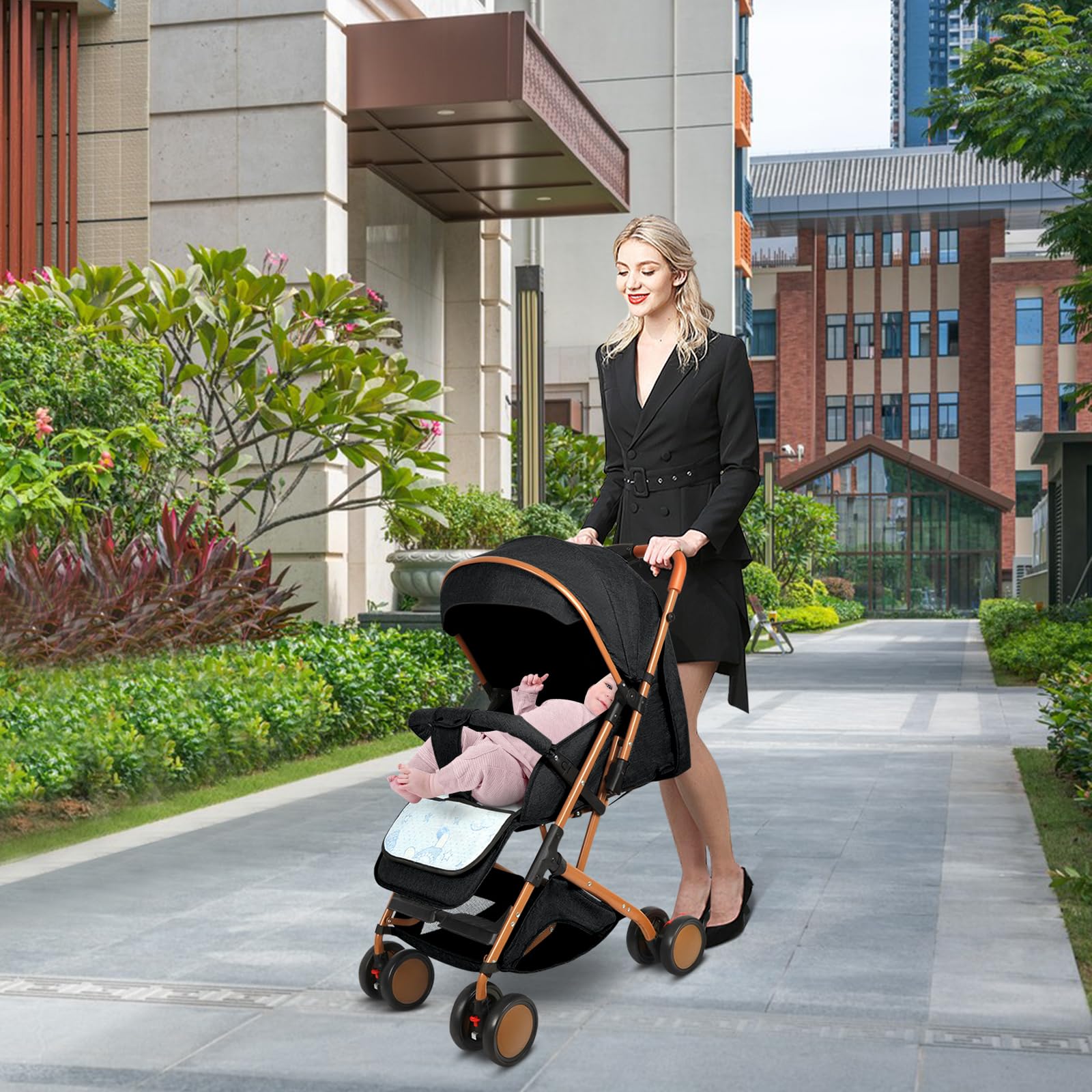 Poussette 3 en 1 jusqu'à 10 kg avec fonction allongée, petite poussette pliable avec accessoires, roues en mousse EVA, moustiquaire, porte-gobelet, panier (noir)