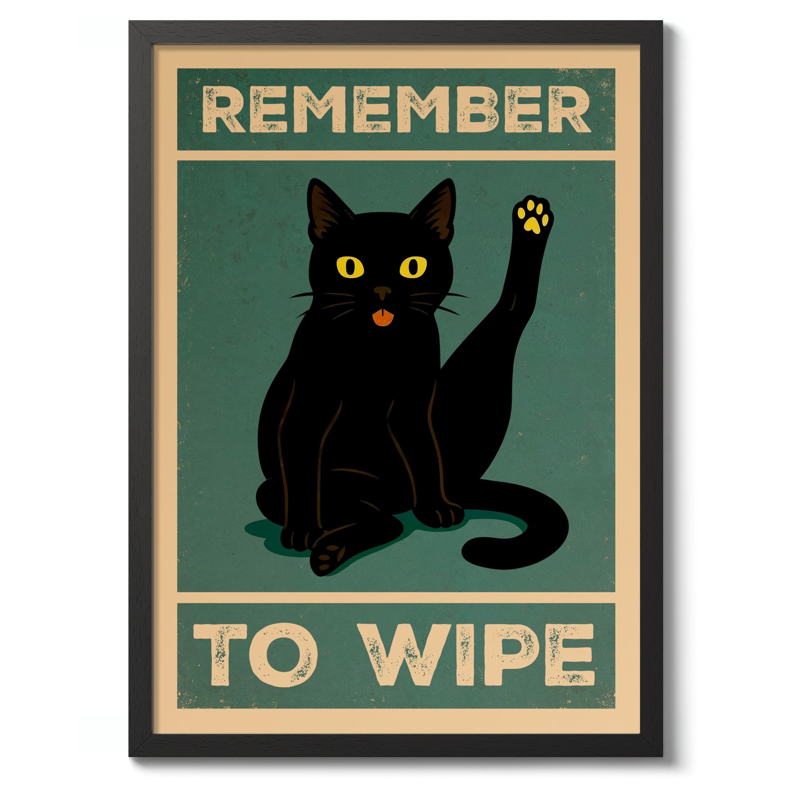 Remember To Wipe Poster, Retro Animal Bathroom Print, Comedy Toilet Wall Art, A3 (Black Frame) - 45x32.8cm