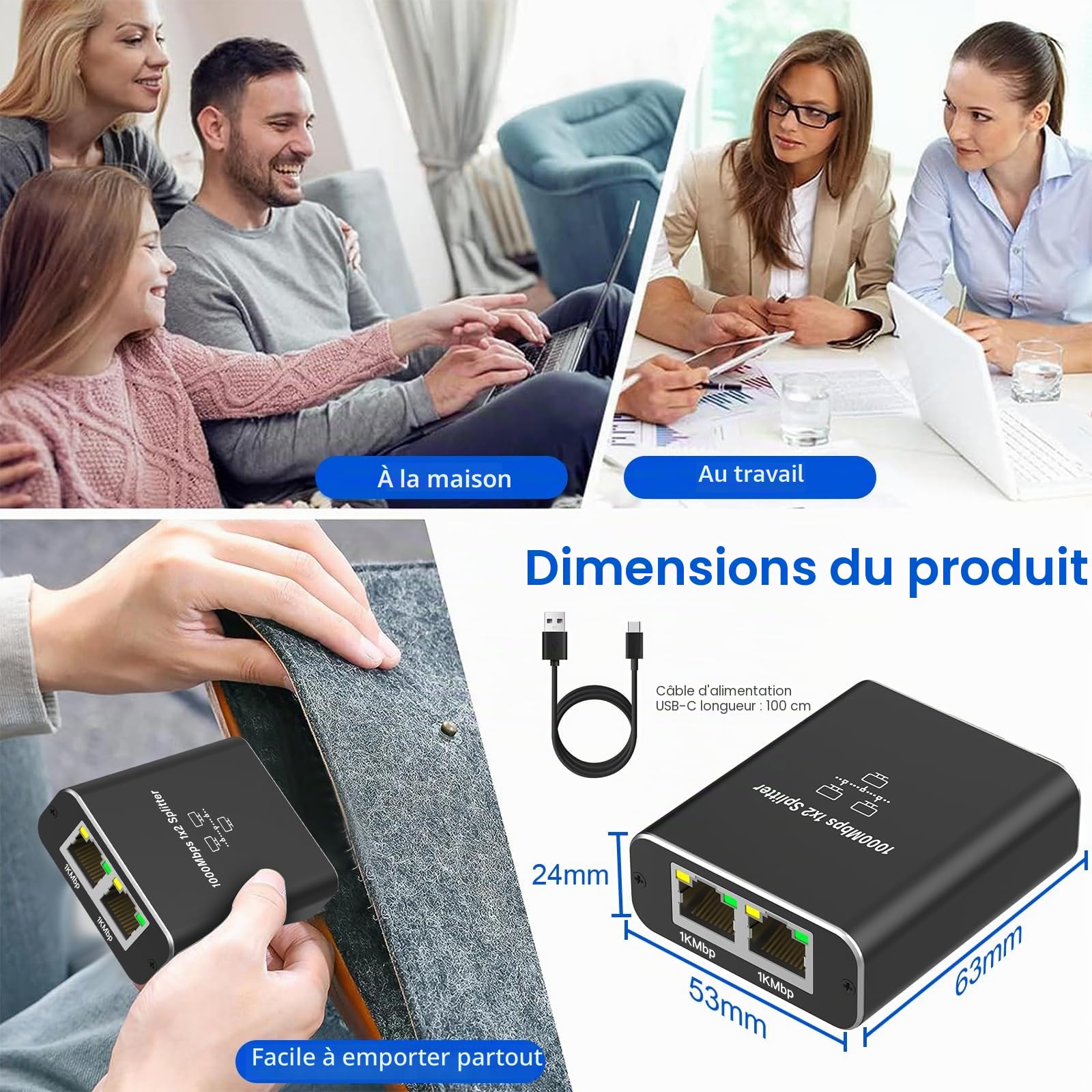Switch Ethernet 2 Port, RJ45 Splitter 1000 Mbps, Gigabit Switch Ethernet RJ45 1 à 2 LAN Splitter pour Ordinateur, Hub, Commutateur, Routeur, Décodeur, Télévision Numérique, sans POE