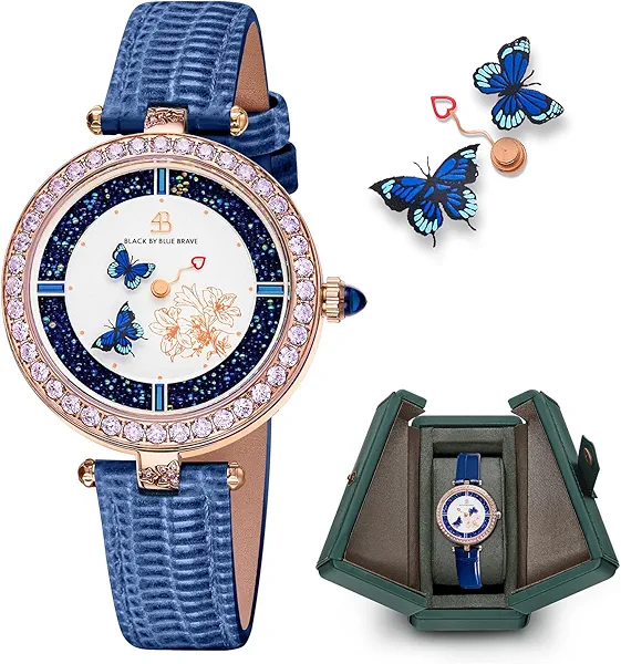 Women's Watch Butterfly Watches for Women Moving Butterflys Hands with Genuine Leather Strap Bee Watches for Women BLACK BY BLUE BRAVE Butterfly Lovers, Sapphire Crystal Glass combining Cubic Zirconia Stones and 3.5mm Synthetic Crystal Women's Wrist Watch