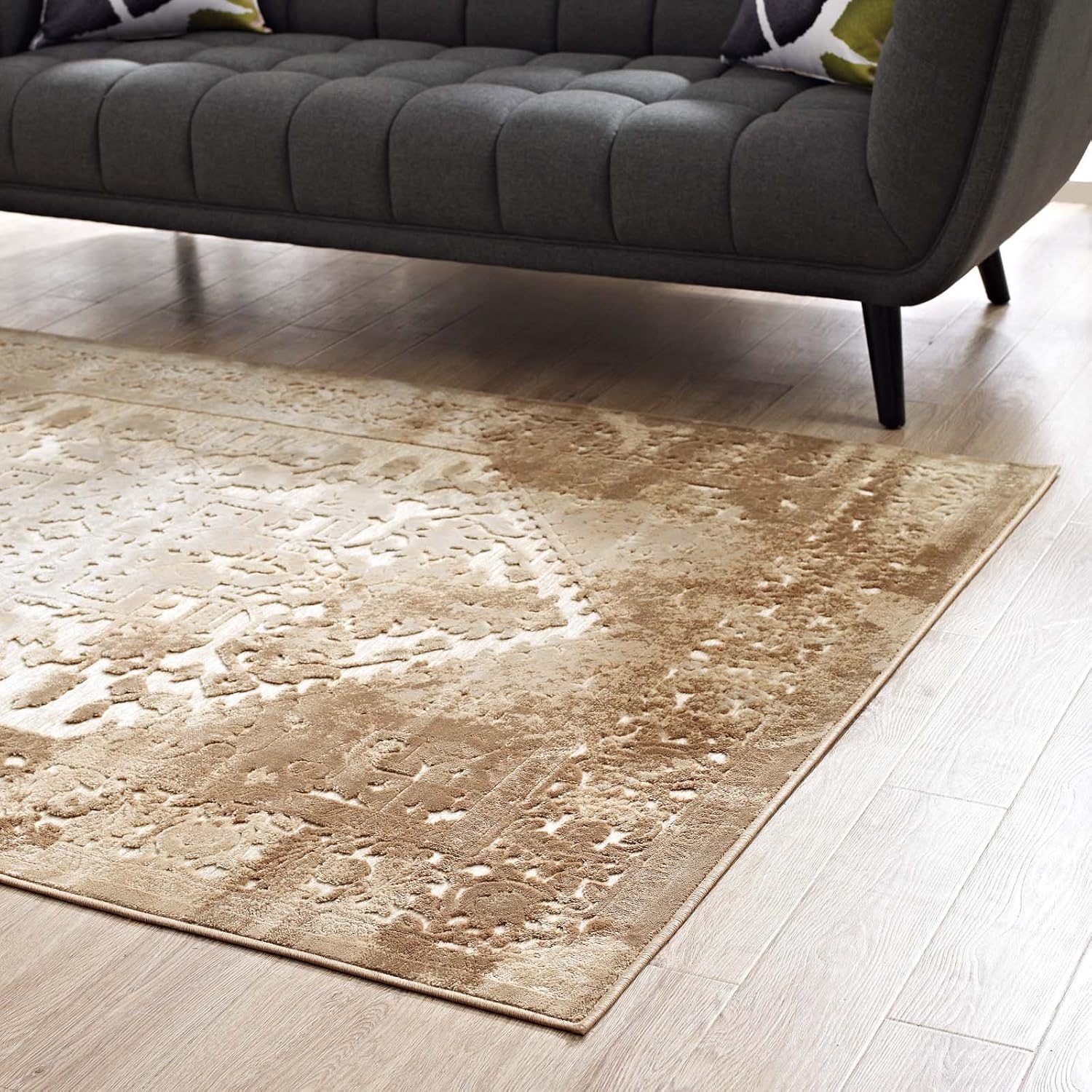 Modway Rosina Distressed Vintage Persian Medallion 5x8 Area Rug in Tan and Cream