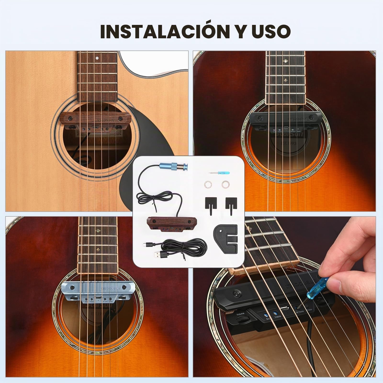 Pastilla de guitarra acústica recargable con fonocaptor activo de hueco de resonancia, pastilla ajustable para guitarra con bobina magnética, control de volumen incorporado, micrófono acústico para
