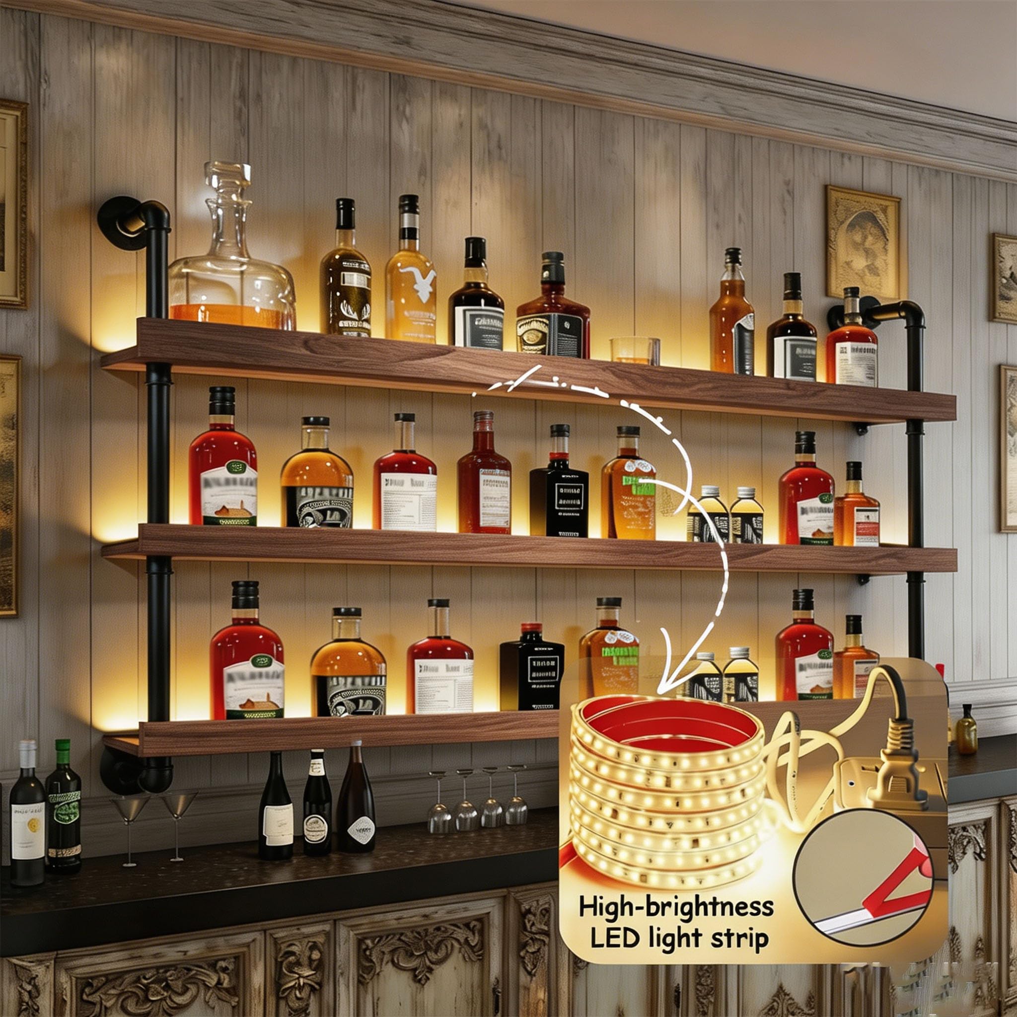 Portabottiglie da Parete con Luci a LED, Ripiani Espositivi Galleggianti in Ferro e Legno a 2 o 3 Livelli per Liquori, Portabottiglie da Parete Industriale, per Bar e Cucina (Noce, 3-125CM)