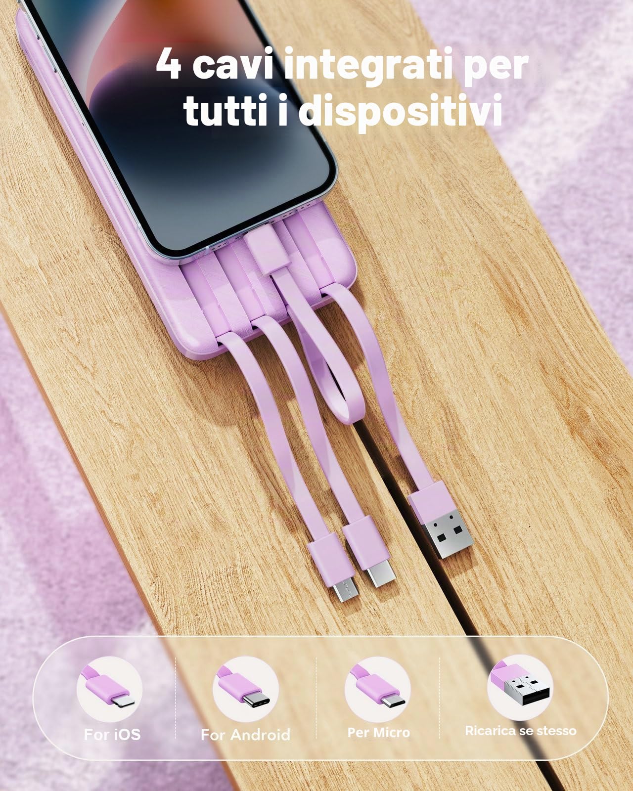 Charmast Batteria esterna 10000mAh con 4 Cavi Integrati Batteria Portatile USB C Sottile Power Bank con 6 Uscite e 3 Ingressi per iPhone 12 13 11 Samsung S21 S22