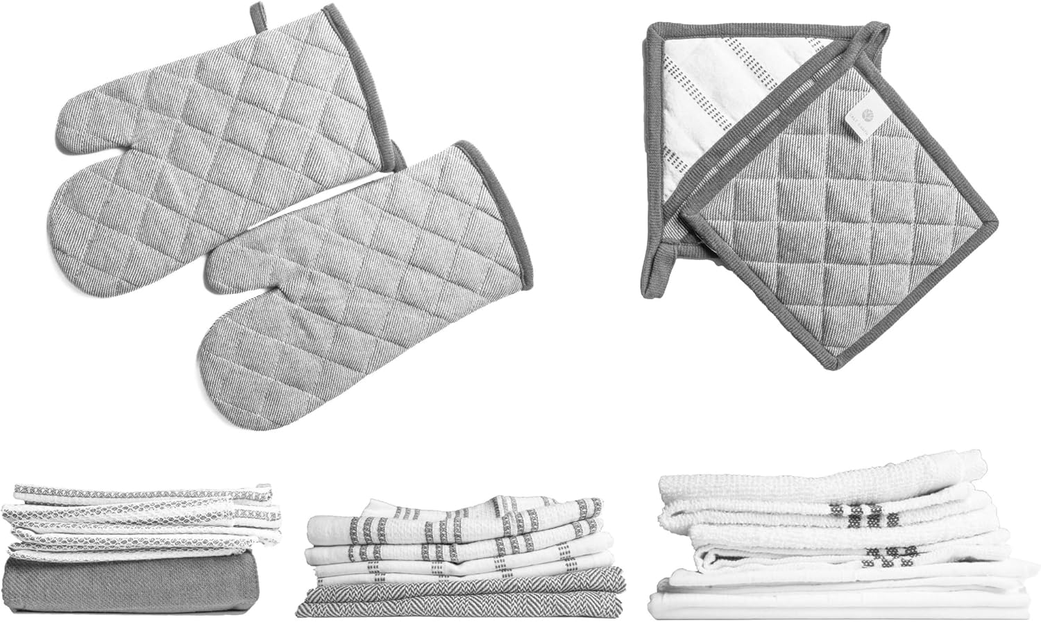 Salt Earth Kitchen Towels and Dishcloths Sets, 20 Pc Kitchen Essentials for New Home, Heat Resistant Oven Mitts & Pot Holders, Absorbent Flour Sack Dish Towels, Apron- Ash Grey