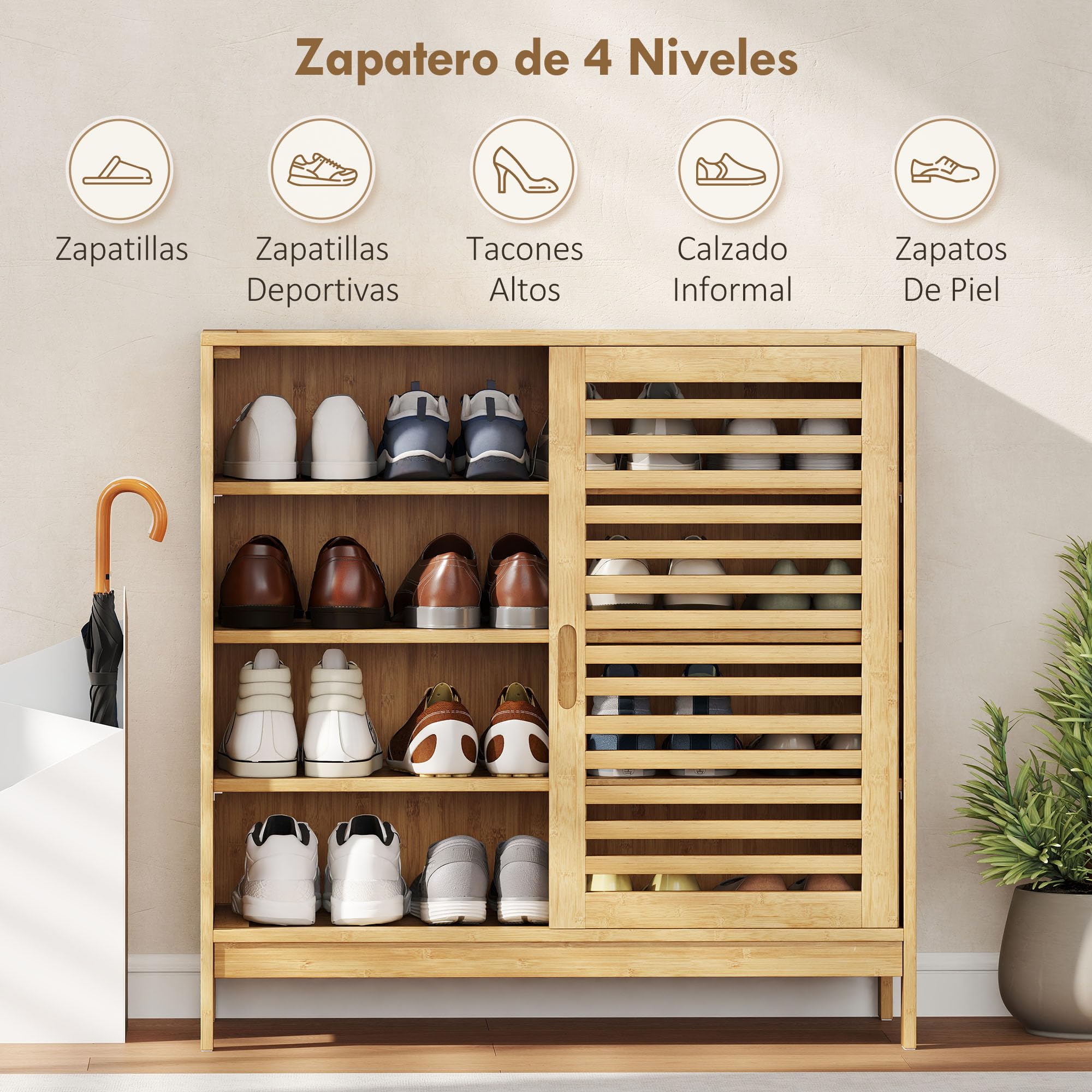 HOMCOM Zapatero de Bambú con 2 Puertas Correderas de Lamas, Zapatero Entrada Recibidor con Estantes Ajustables, para 16 Pares de Zapatos, 80x35x80 cm, Natural