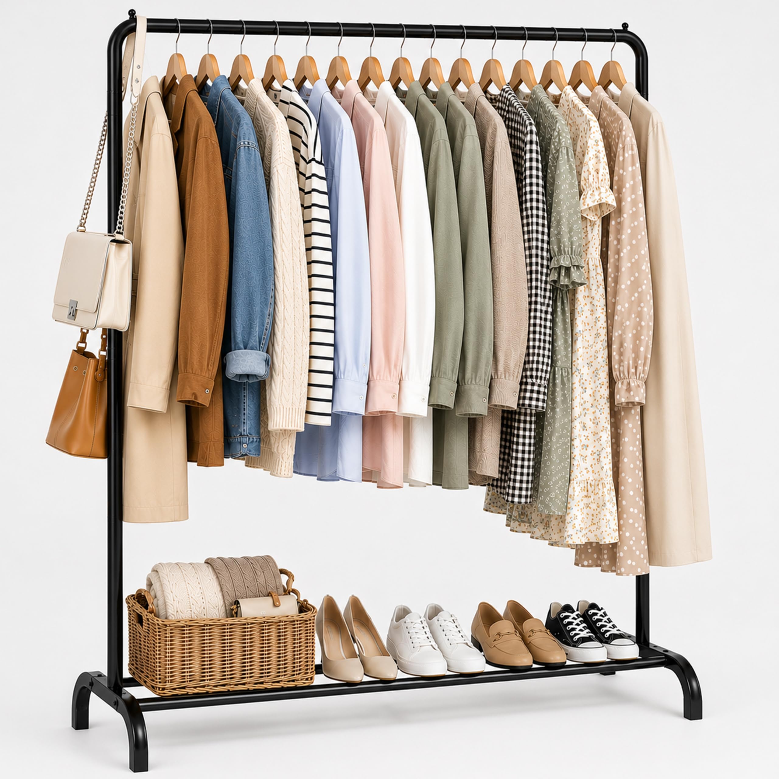 Vivo Technologies Metal Rail Stand with Hanging Rail and Storage Shelf , Clothes Rack for Bedroom, Black