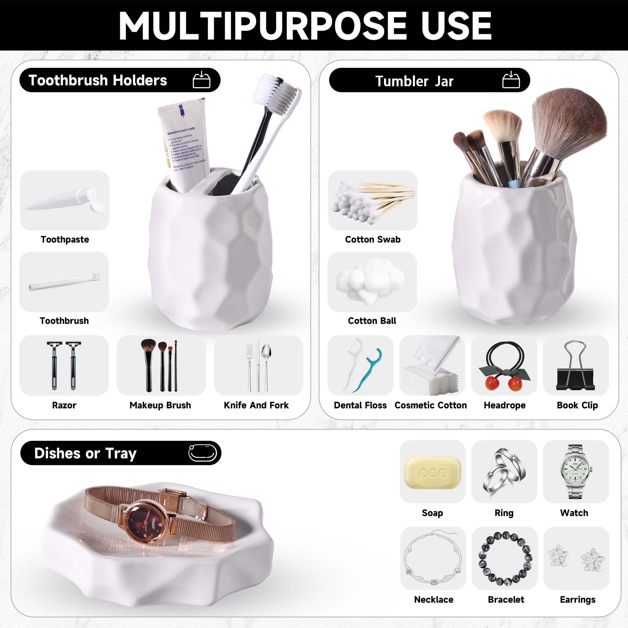 Juego de 4 accesorios de baño de cerámica, juego completo de baño grueso, incluye soporte para cepillo de dientes, dispensador de jabón, bandeja de tocador, vaso, organizador de baño con jabonera 3