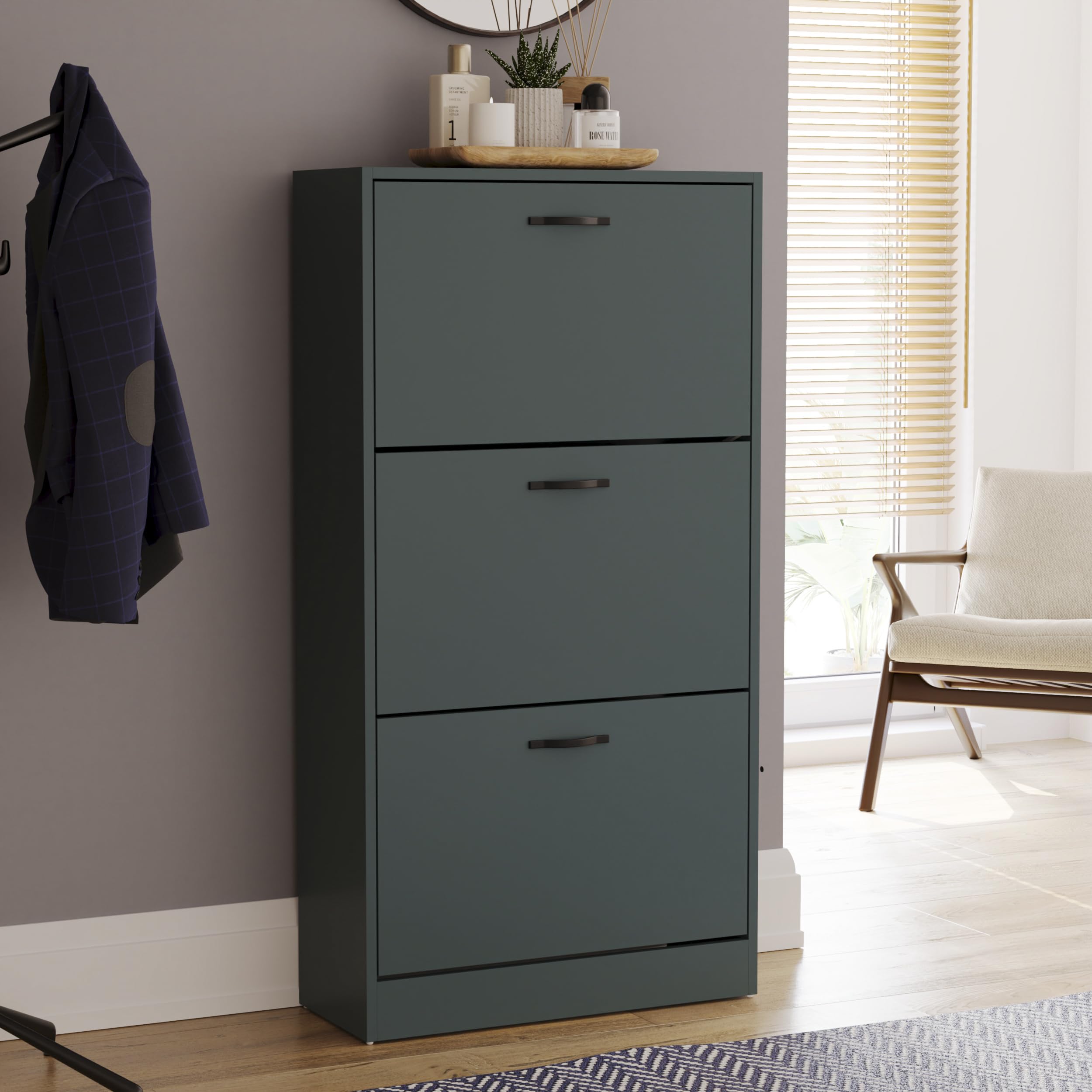 Vida Designs Shoe Cabinet, Wooden Shoe Storage Unit with 3 Pull-Down Drawers, Multifunctional Dust-Proof Space-Saving Slim Cupboard for Hallway or Entryway (Green) — image 1