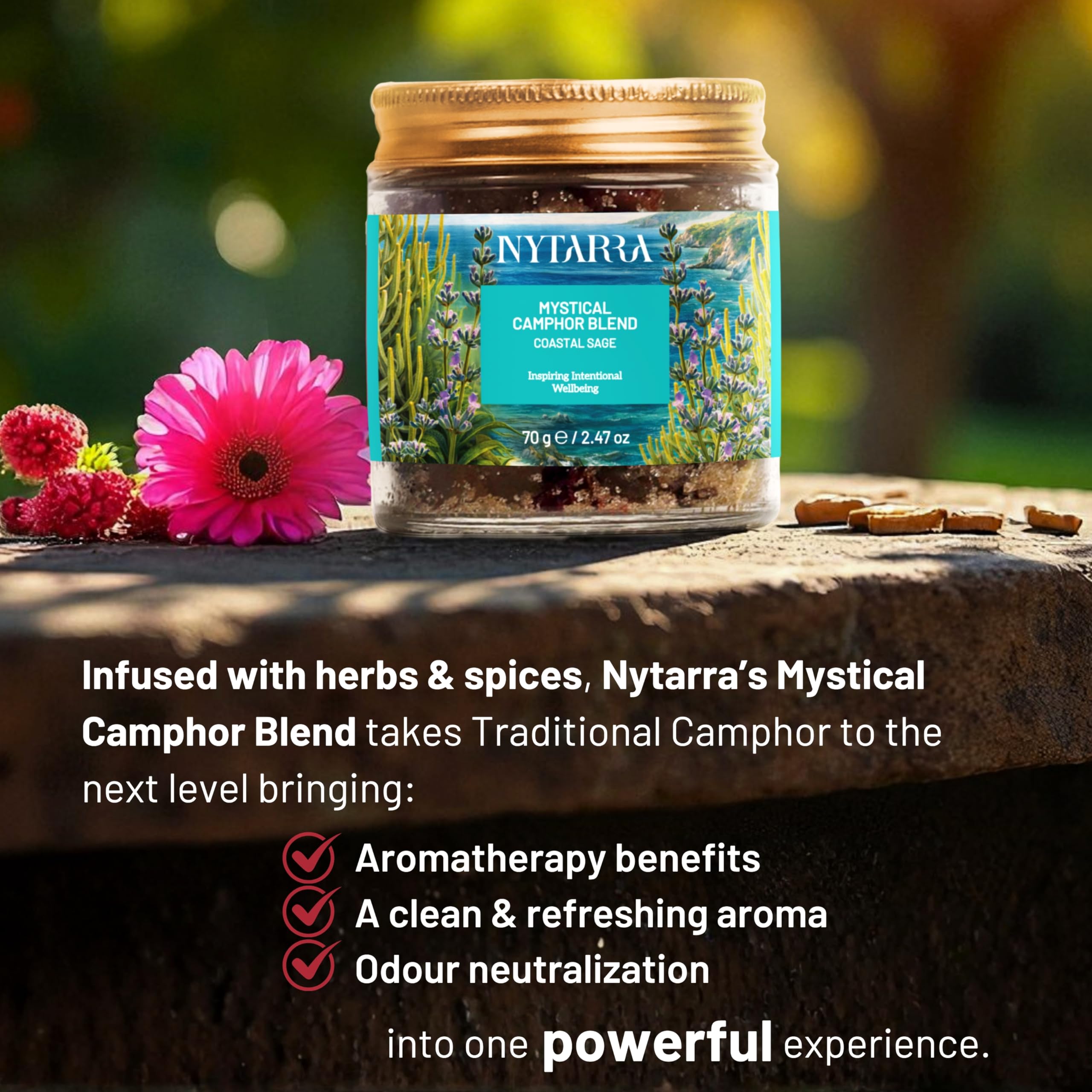 Nytarra Mystical Camphor Blend - Coastal Sage 70g | Original Pure Camphor Infused with Herbs & Spices | Diffuser-Friendly Botanical Blend | Clean Aroma | Modern Twist on Traditional Puja Rituals