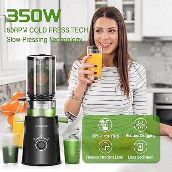 Cold Press Juicer, Slow Masticating Juicer Machines with 5 Feeding Chute Fit Whole Fruits&Vegetables, Stainless Steel Slow Masticating Juicer Easy to Clean, 99.6% Juice Purity, 1.5L Capacity-Black