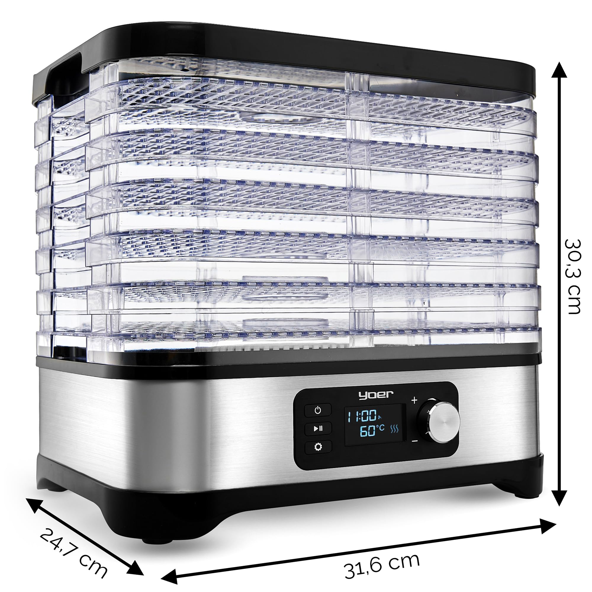 Yoer Dörrautomat Edelstahl, Dörrgerät mit 6 Einlegefächern, 35-70°C, 4725 cm2, 24h Timer, Dehydrator, 450W, Beef jerky, Obst, Kräutertrockner, Müsliriegel, LED-Anzeige, VitaSave FD01S