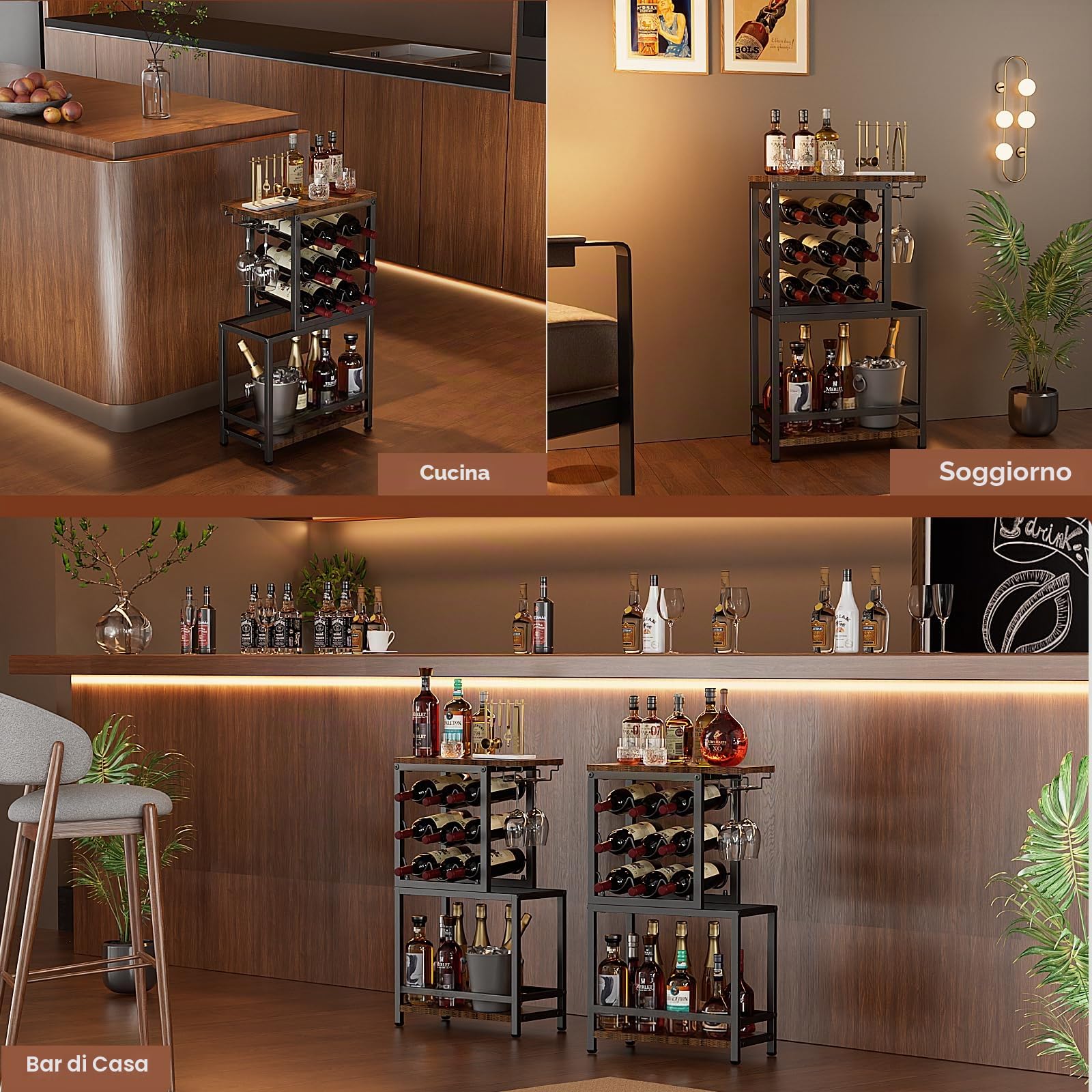 Nuovoware Portabottiglie a 3 ripiani, da appoggio, marrone e nero | con portaocchiali, espositore versatile per liquori, per casa, minibar, espositore da tavolo angolare per liquori e whisky