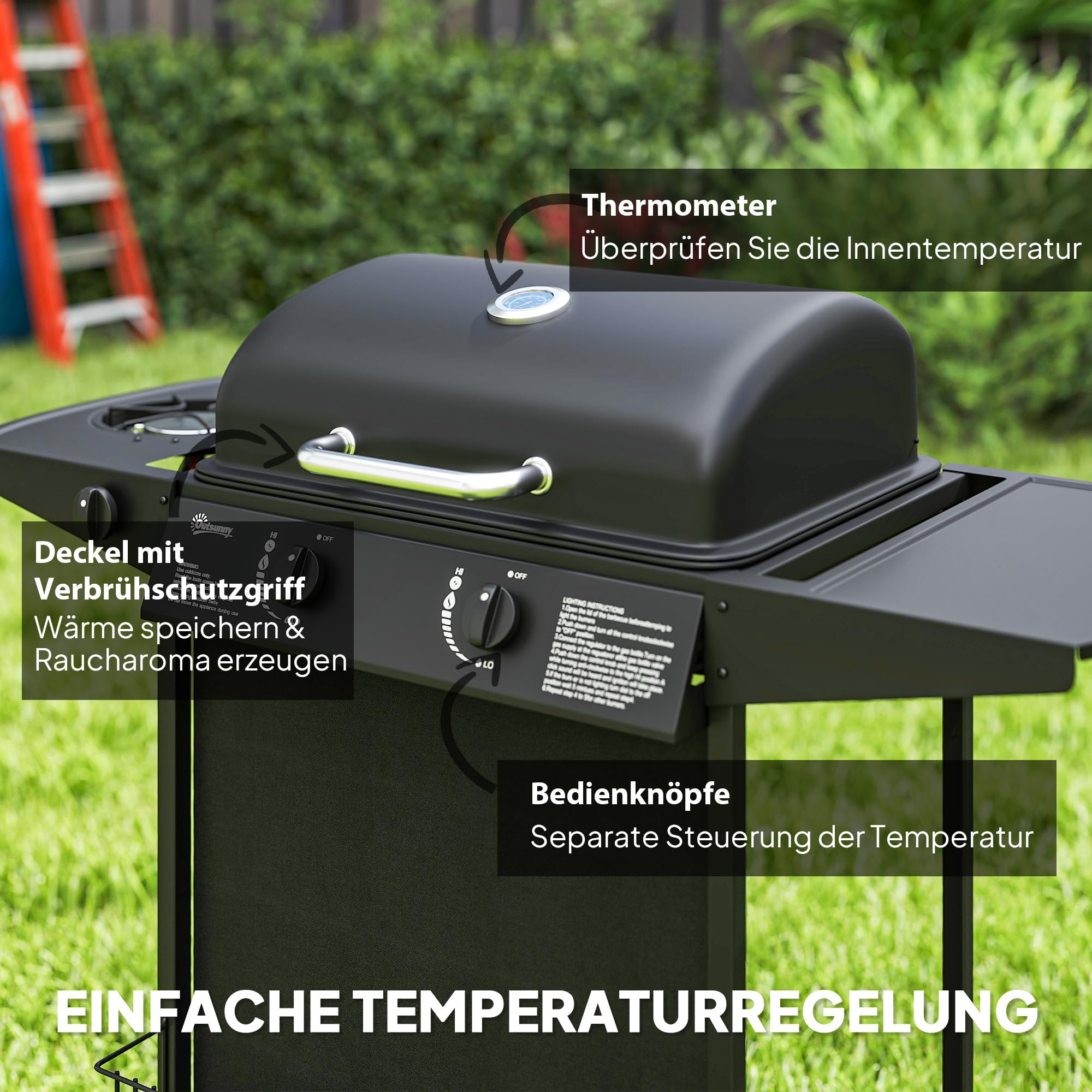 Outsunny Gasgrill 7 KW BBQ 3 Brenner Seitenkocher 107 x 54 x 96 cm | Gartengrill, Rolle, 2 Heizzonen, Druckminderer, Deckel Thermometer, Seitenablagen, Gasschlauch, Grillwagen, Grill, Balkon