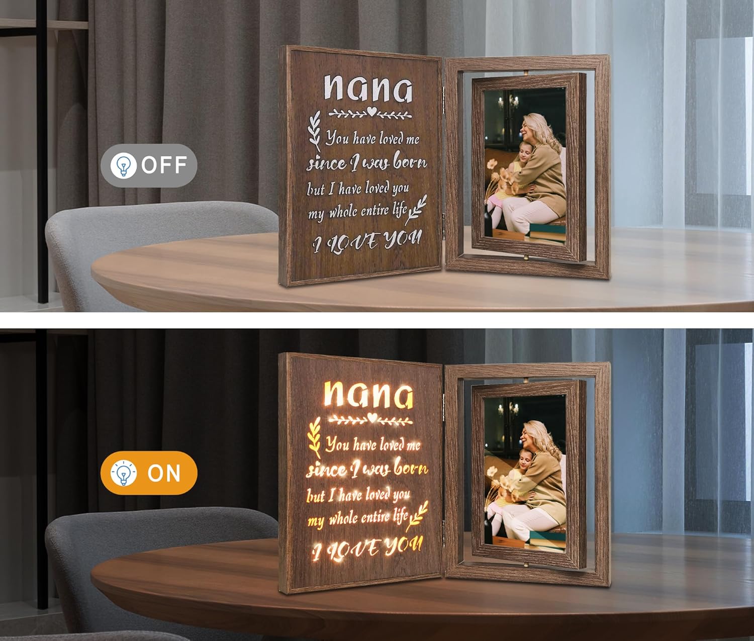 EYITUPC Light Up Nana Picture Frame – Vintage Rotating Wooden Glowing Photo Frame for 2 4x6 Pictures – Nana Gifts from Grandkids – Sentimental Gift for Nana on Mother's Day, Birthday