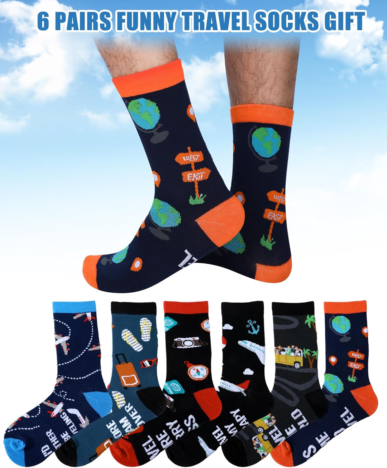 Eurzom 6 Pairs Funny Travel Socks for Men Novelty Traveling Socks Valentine Gifts for Travelers Trip Explore Discover Lovers - Image 5